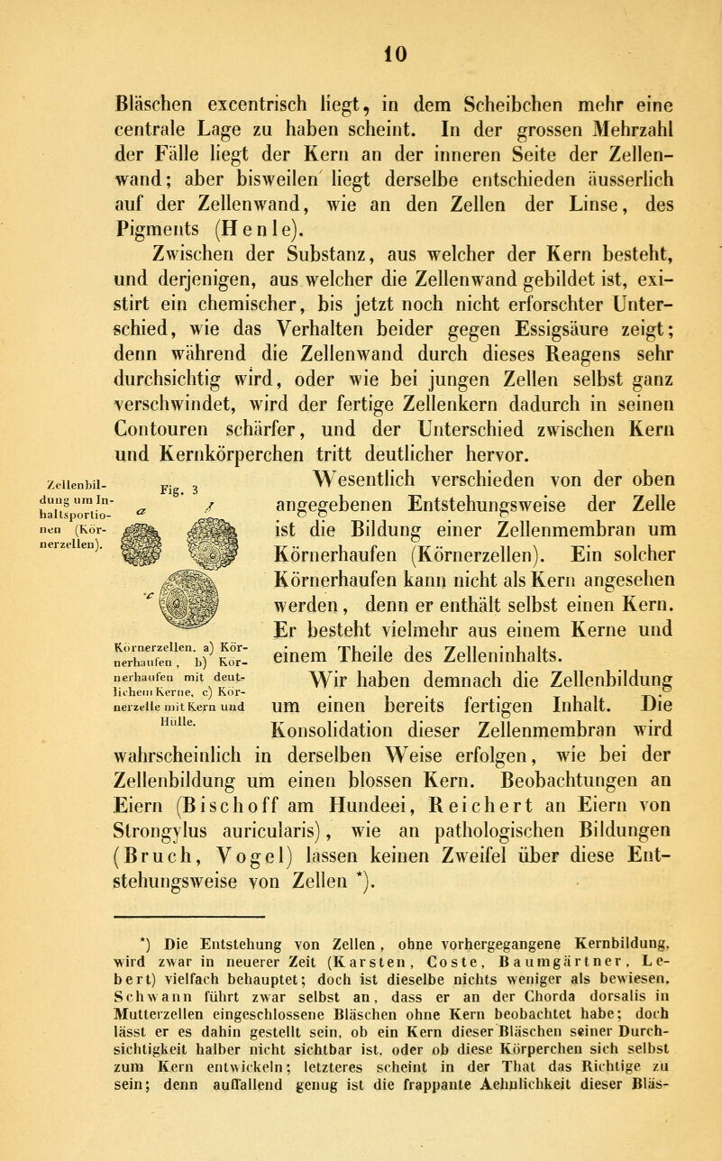 Bläschen excentrisch liegt, in dem Scheibchen mehr eine centrale Lage zu haben scheint. In der grossen Mehrzahl der Fälle liegt der Kern an der inneren Seite der Zellen- wand; aber bisweilen liegt derselbe entschieden äusserlich auf der Zellenwand, wie an den Zellen der Linse, des Pigments (Henie). Zwischen der Substanz, aus welcher der Kern besteht, und derjenigen, aus welcher die Zellen wand gebildet ist, exi- stirt ein chemischer, bis jetzt noch nicht erforschter Unter- schied, wie das Verhalten beider gegen Essigsäure zeigt; denn während die Zellenwand durch dieses Reagens sehr durchsichtig wird, oder wie bei jungen Zellen selbst ganz verschwindet, wird der fertige Zellenkern dadurch in seinen Contouren schärfer, und der Unterschied zwischen Kern und Kernkörperchen tritt deutlicher hervor. zeiienbii- pj 3 WcsentHch verschieden von der oben baitsoTi/r ^ ' angegebenen Entstehungsweise der Zelle °''° ^^''^' ^^ ^^^ ^^^ ^^^ Bildung einer Zellenmembran um ^^fi t^^ Körnerhaufen (Körnerzellen). Ein solcher Körnerhaufen kann nicht als Kern angesehen werden, denn er enthält selbst einen Kern. Er besteht vielmehr aus einem Kerne und n::iX'!bf Kor. einem Theile des Zelleninhalts. nerhaufen mit deut. ^{j. habcu dcmuach dio Zcllenbildung liihemKerne, c) Kor- . . ^ • t i 1 T\' neizeiie mit Kern und um emcu bcrcits fertigcu Inhalt. Die Konsolidation dieser Zellenmembran wird wahrscheinlich in derselben Weise erfolgen, wie bei der Zellenbildung um einen blossen Kern. Beobachtungen an Eiern (Bischoff am Hundeei, Reichert an Eiern von Strongylus auricularis), wie an pathologischen Bildungen (Bruch, Vogel) lassen keinen Zweifel über diese Ent- stehungsweise von Zellen *). *) Die Entstehung von Zellen, ohne vorhergegangene Kernbildung, wird zwar in neuerer Zeit (Karsten, Coste, Baumgärtner, Le- ben) vielfach behauptet; doch ist dieselbe nichts weniger als bewiesen. Schwann führt zwar selbst an, dass er an der Chorda dorsalis in Mutterzellen eingeschlossene Bläschen ohne Kern beobachtet habe; doch lässt er es dahin gestellt sein, ob ein Kern dieser Bläschen seiner Durch- sichtiglieit halber nicht sichtbar ist, oder ob diese Körperchen sich selbst zum Kern ent^^ickeln; letzteres scheint in der That das Richtige zu sein; denn auflallend genug ist die frappante Aehnlichkeit dieser Blas-