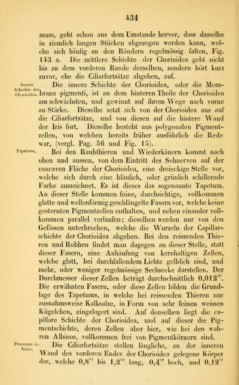 muss, geht schon aus dem Umstände hervor, dass dasselbe in ziemlich langen Stücken abgezogen werden kann, wel- che sich häufig an den Rändern regelmässig falten, Fig. 143 a. Die mittlere Schichte der Ghorioidea geht nicht bis zu dem vorderen Rande derselben, sondern hört kurz zuvor, ehe die Ciliarfortsätze abgehen, auf. Innere Die innere Schichte der Ghorioidea, oder die Mem- chörioidc.rbrana pigmenti, ist an dem hinteren Theile der Ghorioidea am schwächsten, und gewinnt auf ihrem Wege nach vorne an Stärke. Dieselbe setzt sich von der Ghorioidea aus auf die Giliarfortsätze, und von diesen auf die hintere Wand der Iris fort. Dieselbe besteht aus polygonalen Pigment- zellen, von welchen bereits früher ausführlich die Rede war, (vergl. Pag. 56 und Fig. 15). Tapctum. ßgj jg^ Raubthicren und Wiederkäuern kommt nach oben und aussen, von dem Eintritt des Sehnerven auf der concaven Fläche der Ghorioidea, eine dreieckige Stelle vor, welche sich durch eine bläulich, oder grünlich schillernde Farbe auszeichnet. Es ist dieses das sogenannte Tapetum. An dieser Stelle kommen feine, durchsichtige, vollkommen glatte und wellenförmig geschlängelte Fasern vor, welche keine gesternten Pigmentzellen enthalten, und neben einander voll- kommen parallel verlaufen; dieselben werden nur von den Gefässen unterbrochen, welche die Wurzeln der Gapillar- schichte der Ghorioidea abgeben. Bei den reissenden Thie- ren und Robben findet man dagegen an dieser Stelle, statt dieser Fasern, eine Anhäufung von kernhaltigen Zellen, welche glatt, bei durchfallendem Lichte gelblich sind, und mehr, oder weniger regelmässige Sechsecke darstellen. Der Durchmesser dieser Zellen beträgt durchschnittlich 0,012'. Die erwähnten Fasern, oder diese Zellen bilden die Grund- lage des Tapetums, in welche bei reissenden Thieren nur ausnahmsweise Kalksalze, in Form von sehr feinen weissen Kügelchen, eingelagert sind. Auf denselben liegt die ca- pillare Schichte der Ghorioidea, und auf dieser die Pig- mentschichte, deren Zellen aber hier, wie bei den wah- ren Albinos, vollkommen frei von Pigmentkörnern sind. ^iSm'' ^'^ Giliarfortsätze stellen längliche, an der inneren W^ind des vorderen Endes der Ghorioidea gelegene Körper dar, welche 0,8' bis 1,2' lang, 0,4' hoch, und 0,12'