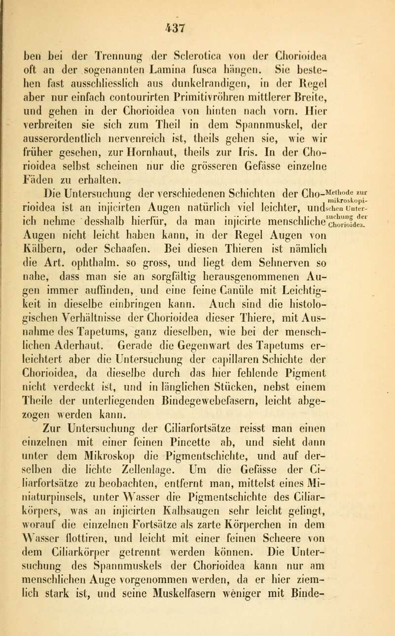 hen bei der Trennung der Sclerotica von der Cliorioidea oft an der sogenannten Lamina fusca hängen. Sie beste- hen fast ausschhesslich aus dunkelrandigen, in der Regel aber nur einfach contourirten Primitivröhren mittlerer Breite, und gehen in der Chorioidea von hinten nach vorn. Hier verbreiten sie sich zum Theil in dem Spannmuskel, der ausserordenthch nervenreich ist, theils gehen sie, wie wir früher gesehen, zur Hornhaut, theils zur Iris. In der Cho- rioidea selbst scheinen nur die grösseren Gefässe einzelne Fäden zu erhalten. Die Untersuchung der verschiedenen Schichten der Cho-^^^'^''^^ '='' rioidea ist an injicu'ten Augen natürlich viel leichter, undscbea uuter- ich nehme desshalb hierfür, da man injicirte menschliche'chork.idea Augen nicht leicht haben kann, in der Regel Augen von Kälbern, oder Schaafen. Bei diesen Thieren ist nämlich die Art. ophthalm. so gross, und liegt dem Sehnerven so nahe, dass man sie an sorgfältig herausgenommenen Au- gen immer auffinden, und eine feine Canüle mit Leichtig- keit in dieselbe einbringen kann. Auch sind die histolo- gischen Verhältnisse der Chorioidea dieser Thiere, mit Aus- nahme des Tapetums, ganz dieselben, wie bei der mensch- lichen Aderhaut. Gerade die Gegenwart des Tapetums er- leichtert aber die Untersuchung der capillaren Schichte der Chorioidea, da dieselbe durch das hier fehlende Pigment nicht verdeckt ist, und in länglichen Stücken, nebst einem Theile der unterliegenden Bindegewebefasern, leicht abge- zogen werden kann. Zur Untersuchung der Ciliarfortsätze reisst man einen einzelnen mit einer feinen Pincette ab, und sieht dann unter dem Mikroskop die Pigmentschichte, und auf der- selben die lichte Zellenlage. Um die Gefässe der Ci- liarfortsätze zu beobachten, entfernt man, mittelst eines Mi- niaturpinsels, unter Wasser die Pigmentschichte des Ciliar- körpers, was an injicirten Kalbsaugen sehr leicht gehngt, worauf die einzelnen Fortsätze als zarte Körperchen in dem Wasser flottiren, und leicht mit einer feinen Scheere von dem Ciliarkörper getrennt Averden können. Die Unter- suchung des Spannmuskels der Chorioidea kann nur am menschlichen Auge vorgenommen werden, da er hier ziem- hch stark ist, und seine Muskelfasern weniger mit Binde-