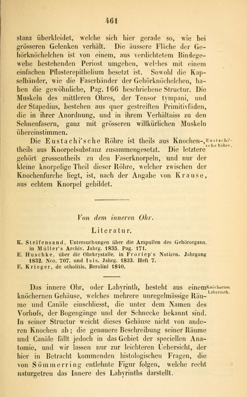 stanz überkleidet, welche sich hier gerade so, wie bei grösseren Gelenken verhält. Die äussere Fläche der Ge- hörknöchelchen ist von einem, aus verdichtetem Bindege- webe bestehenden Periost umgeben, welches mit einem einfachen Pllasterepithelium besetzt ist. Sowohl die Kap- selbänder, wie die Faserbänder der Gehörknöchelchen, ha- ben die gewöhnliche, Pag. 166 beschriebene Structur. Die Muskeln des mittleren Ohres, der Tensor tympani, und der Stapedius, bestehen aus quer gestreiften Primitivfiiden, die in ihrer Anordnung, und in ihrem Verhältniss zu den Sehnenfasern, ganz mit grösseren willkürlichen Muskeln übereinstimmen. Die Eustachi'sehe Röhre ist theils aus Knochen-,Eustachi'- theils aus Rnorpelsubstanz zusammengesetzt. Die letztere gehört grossentheils zu den Faserknorpeln, und nur der kleine knorpelige Theil dieser Röhre, welcher zwischen der Knochenfurche liegt, ist, nach der Angabe von Krause, aus echtem Knorpel gebildet. Von dem inneren Ohr. Literatur. K. Steifensand, Untersuchungen über die Ampullen des Gehörorgans, in Müller's Archiv. Jahrg. 1833. Pag. 171. E. Huschke. über die Ohrkrystalle, in Froriep's Notizen. Jahrgang 1832. Nro. 707, und Isis. Jahrg. 1833. Heft 7. E. Krieger, de otholitis. Berolini 1840, Das innere Ohr, oder Labyrinth, besteht aus einemKnochcmes knöchernen Gehäuse, welches mehrere unregelmässige Räu- ^ ''^' me und Canäle einschliesst, die unter dem Namen des Vorhofs, der Bogengänge und der Schnecke bekannt sind. In seiner Structur weicht dieses Gehäuse nicht von ande- ren Knochen ab; die genauere Beschreibung seiner Räume und Canäle fällt jedoch in das Gebiet der speciellen Ana- tomie, und wir lassen nur zur leichteren Üebersicht, der hier in Betracht kommenden histologischen Fragen, die von Sömmerring entlehnte Figur folgen, welche recht naturgetreu das Innere des Labyrinths darstellt.