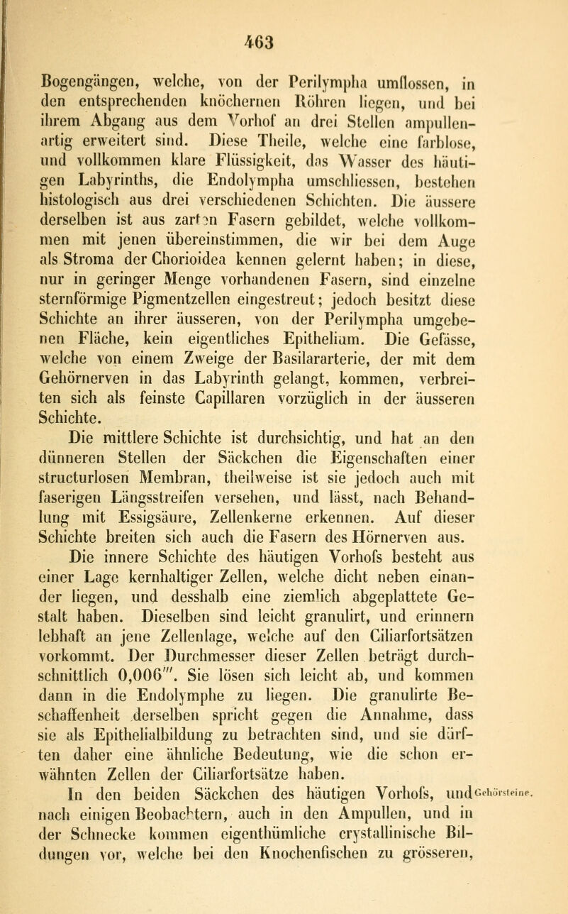 Bogengängen, welche, von der Perilymplia umflossen, in den entsprechenden knöchernen Röhren liegen, und bei ihrem Abgang aus dem Vorhof an drei Stellen ampullen- artig erweitert sind. Diese Theile, welche eine farblose, und vollkommen klare Flüssigkeit, das Wasser des häuti- gen Labyrinths, die Endolympha umschliessen, bestehen histologisch aus drei verschiedenen Schichten. Die äussere derselben ist aus zarten Fasern gebildet, welche vollkom- men mit jenen übereinstimmen, die wir bei dem Auge als Stroma der Chorioidea kennen gelernt haben; in diese, nur in geringer Menge vorhandenen Fasern, sind einzelne sternförmige Pigmentzellen eingestreut; jedoch besitzt diese Schichte an ihrer äusseren, von der Perilympha umgebe- nen Fläche, kein eigentliches Epithelium. Die Gefässe, welche von einem Zweige der Basilararterie, der mit dem Gehörnerven in das Labyrinth gelangt, kommen, verbrei- ten sich als feinste Capillaren vorzüglich in der äusseren Schichte. Die mittlere Schichte ist durchsichtig, und hat an den dünneren Stellen der Säckchen die Eigenschaften einer structurlosen Membran, theilweise ist sie jedoch auch mit faserigen Längsstreifen versehen, und lässt, nach Behand- lung mit Essigsäure, Zellenkerne erkennen. Auf dieser Schichte breiten sich auch die Fasern des Hörnerven aus. Die innere Schichte des häutigen Vorhofs besteht aus einer Lage kernhaltiger Zellen, welche dicht neben einan- der liegen, und desshalb eine ziemlich abgeplattete Ge- stalt haben. Dieselben sind leicht granulirt, und erinnern lebhaft an jene Zellenlage, welche auf den Ciliarfortsätzen vorkommt. Der Durchmesser dieser Zellen beträgt durch- schnitthch 0,006'. Sie lösen sich leicht ab, und kommen dann in die Endolymphe zu liegen. Die granulirte Be- schaffenheit derselben spricht gegen die Annahme, dass sie als Epithelialbildung zu betrachten sind, und sie dürf- ten daher eine ähnliche Bedeutung, wie die schon er- wähnten Zellen der Ciliarfortsätze haben. In den beiden Säckchen des häutigen Vorhofs, und Gebärsteine. nach einigen Beobachtern, auch in den Ampullen, und in der Schnecke kommen eigenthümliche crystallinische Bil- dungen vor, welche bei den Knochenfischen zu grösseren,