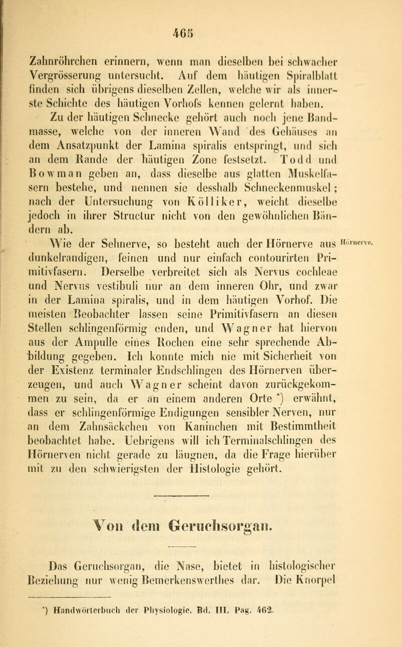 Zahnröhrchen erinnern, wenn man dicsellxin bei schwaclier Vergrösserung untersuclit. Auf dem hantigen Spiralblatl finden sich übrigens dieselben Zellen, welche wir als inner- ste Schichte des häutigen Vorhols kennen gelernt haben. Zu der häutigen Schnecke gehört auch noch jene iJand- masse, welche von der inneren Wand des Gehäuses an dem Ansatzpunkt der Lamina spiralis entspringt, und sich an dem Rande der häutigen Zone festsetzt. Todd und Bowman geben an, dass dieselbe aus glatten Muskelfa- sern bestehe, und nennen sie desshalb Schneckenmuskel; nach der Untersuchung von Kölliker, weicht dieselbe jedoch in ihrer Structur nicht von den gewöhnlichen Bän- dern ab. Wie der Sehnerve, so besteht auch der Hörnerve aus HoYncne. dunkelrandigeo, feinen und nur einfach contourirten Pri- mitivfasern. Derselbe verbreitet sich als Nervus Cochleae und Nervus vestibuli nur an dem inneren Ohr, und zwar in der Laraina spiralis, und in dem häutigen Vorhof. Die meisten Beobachter lassen seine Primitivfasern an diesen Stellen schlingenförmig enden, und Wagner hat hiervon aus der Ampulle eines Rochen eine sehr sprechende Ab- bildung gegeben. Ich konnte mich nie mit Sicherheit von der Existenz terminaler Endschlingen des Hörnerven über- zeugen, und auch Wagner scheint davon zurückgekom- men zu sein, da er an einem anderen Orte*) erwähnt, dass er schlingenförmige Endigungen sensibler Nerven, nur an dem Zahnsäckchen von Kaninchen mit Bestimmtheit beobachtet habe. Uebrigens will ich Terminalschlingen des Hörnerven nicht gerade zu läugnen, da die Frage hierüber mit zu den schwierigsten der Histologie gehört. Von dem Geriieli.sorgaii. Das Geruchsorgan, die Nase, bietet in histologischer Beziehung nur wenig Bemerkenswerthes dar. Die Knorpel *) Handwörterbuch der Physiologie, Bd. III. Pag. 462.