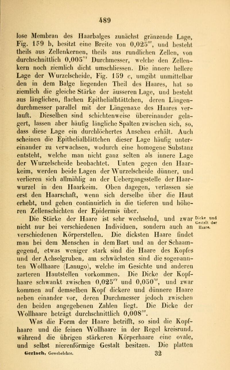 lose Membran des Ilaarbalges zunächst grunzende Lage, Fig. 1.^9 b, besitzt eine Breite von 0,025', und besteht theils aus Zellenkernen, theils aus rundlichen Zellen, von durchschnittlich 0,005' Durchmesser, welche den Zellen- kern noch ziemlich dicht umschliessen. Die innere hellere Lage der Wurzelscheide, Fig. 159 c, umgibt unmittelbar den in dem Balge liegenden Theil des Haares, hat so ziemhch die gleiche Stärke der äusseren Lage, und besteht aus länglichen, ilacheu Epithelialbtättchen, deren Längen- durchmesser parallel mit der Längenaxe des Haares ver- lauft. Dieselben sind schichtenweise übereinander gela- gert, lassen aber häufig längliche Spalten zwischen sich, so, dass diese Lage ein durchlöchertes Ansehen erhält. Auch scheinen die Epithelialblättchen dieser Lage häufig unter- einander zu verwachsen, wodurch eine homogene Substanz entsteht, welche man nicht ganz selten als innere Lage der Wurzelscheide beobachtet. Unten gegen den Haar- keim, werden beide Lagen der W'urzelscheide dünner, und verlieren sich allmählig an der Uebergangsstelle der Haar- wurzel in den Haarkeim. Oben dagegen, verlassen sie erst den Haarschaft, wenn sich derselbe über die Haut erhebt, und gehen continuirlich in die tieferen und höhe- ren Zellenschichten der Epidermis über. Die Stärke der Haare ist sehr wechselnd, und zwar ^'^''^^*^J*'* nicht nur bei verschiedenen Individuen, sondern auch an Haar«. verschiedenen Körperstellen. Die dicksten Haare findet man bei dem Menschen in dem Bart und an der Schaam- gegend, etwas weniger stark sind die Haare des Kopfes und der Achselgruben, am schwächsten sind die sogenann- ten Wollhaare (Lanugo), welche im Gesichte und anderen zarteren Hautstellen vorkommen. Die Dicke der Kopf- haare schwankt zwischen 0,025' und 0,050', und zwar kommen auf demselben Kopf dickere und dünnere Haare neben einander vor, deren Durchmesser jedoch zwischen den beiden angegebenen Zahlen liegt. Die Dicke der Wollhaare beträgt durchschnittlich 0,008'. Was die Form der Haare betrifft, so sind die Kopf- haare und die feinen Wollhaare in der Regel kreisrund, während die übrigen stärkeren Körperhaare eine ovale, und selbst nierenförmige Gestalt besitzen. Die platten Gerlach, Gewebelehre. 32