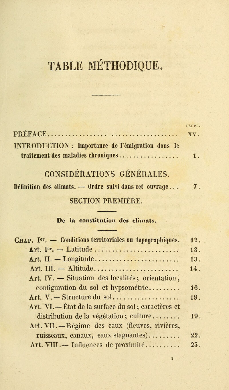 TABLE MÉTHODIQUE» PRÉFACE XV INTRODUCTION : Importance de l'émigration dans le traitement des maladies chroniques 1 CONSIDÉRATIONS GÉNÉRALES. Définition des climats. — Ordre suivi dans cet ouvrage... 7 SECTION PREMIÈRE. De la constitution des olîmats. Chap. I. — Conditions territoriales ou topegraphiques. 12. Art. I. — Latitude 13. Art. IL — Longitude 13. Art. m. — Altitude 14. Art. IV. — Situation des localités ; orientation, configuration du sol et hypsométrie 16. Art. V. — Structure du sol 18. Art. VI.— État de la surface du sol ; caractères et distribution de la végétation ; culture 19, Art. VU. — Régime des eaux (fleuves, rivières, ruisseaux, canaux, eaux stagnantes) 22. Art. VIII.— Influences de proximité 25.