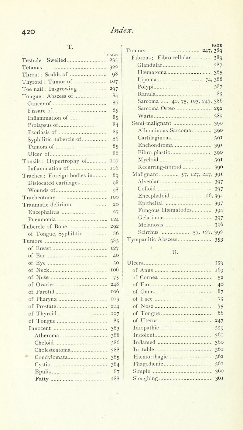 T. PAGE Testicle Swelled 235 Tetanus 3^2 Throat: Scalds of 98 Thyroid : Tumor of 107 Toe nail: In-growing 297 Tongue: Abscess of 84 Cancer of 86 Fissure of 85 Inflammation of 85 Prolapsus of 84 Psoriasis of 85 Syphilitic tubercle of. - 86 Tumors of 85 Ulcer of 86 Tonsils : Hypertrophy of 107 Inflammation of 106 Trachea: Foreign bodies in 89 Dislocated cartilages 98 Wounds of 98 Tracheotomy. 100 Traumatic delirium 20 Encephalitis 27 Pneumonia. 124 Tubercle of Bone 292 of Tongue, Syphilitic 86 Tumors 383 of Breast 127 of Ear 40 of Eye 50 of Neck 106 of Nose... -- 75 of Ovaries 248 of Parotid 106 of Pharynx 103 of Prostate 204 of Thyroid 107 of Tongue .. 85 Innocent 383 Atheroma 388 Cheloid 386 Cholesteatoma 388 * Condylomata 385 Cystic 384 Epulis 87 Fatty 38S Tumors : 247, 389 Fibrous: Fibro cellular ...... 389 Glandular 387 Hsematoma — 385 Lipoma :. 74., 388 Polypi 387 Ranula 85 Sarcoma ... 40, 75, 103, 247, 3S6 Sarcoma Osteo 292 Warts 385 Semi-malignant 390 Albuminous Sarcoma 390 Cartilaginous 391 Enchondroma 391 Fibro-plastic 390 Myeloid 391 Recurring-fibroid 390 Malignant 57, 127, 247, 391 Alveolar. 397 Colloid 397 Encephaloid 56,394 Epithelial 397 Fungous Hsematodes 394 Gelatinous 397 Melanosis 396 Scirrhus 57,127,392 Tympanitic Abscess 353 U. Ulcers 359 of Anus 169 of Cornea 52 of Ear 40 of Gums 87 of Face 75 of Nose 75 of Tongue 86 of Uterus 247 Idiopathic 359 Indolent 361 Inflamed 360 Irritable 361 Hsemorrhagic 362 Phagedsenic 361 Simple 360 Sloughing 361