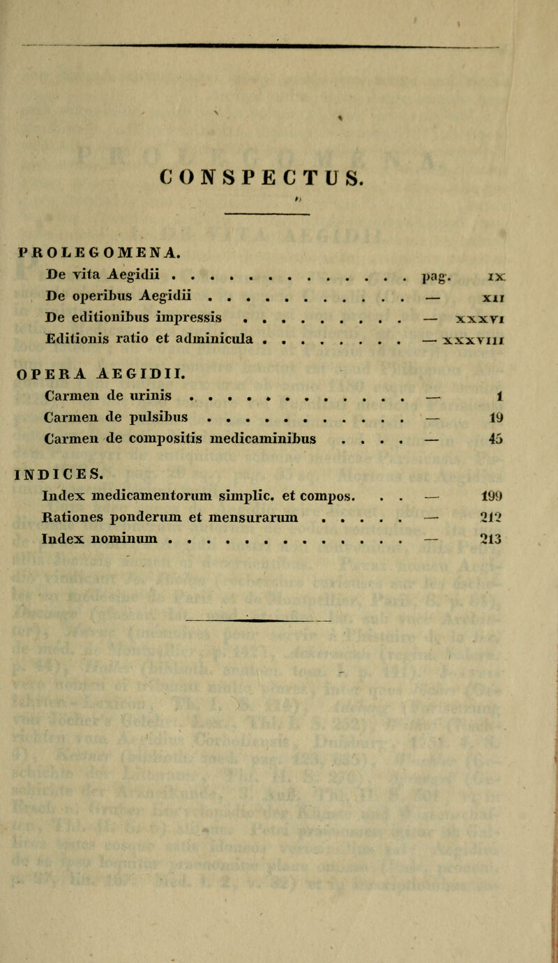 PROLEGOMENA. De vita Aegidii pag. ix De operibus Aegidii — xu De editionibus impressis — xxxvi Editionis ratio et adininicula — xxxviu OPERA AEGIDII. Carmen de urinis — 1 Carmen de pulsibus — 19 Carmen de compositis medicaminibus .... — 45 INDICES. Index medicamentorum simplic. et compos. . . — 199 Rationes ponderum et mensurarmn — 212 Index nominum — 213