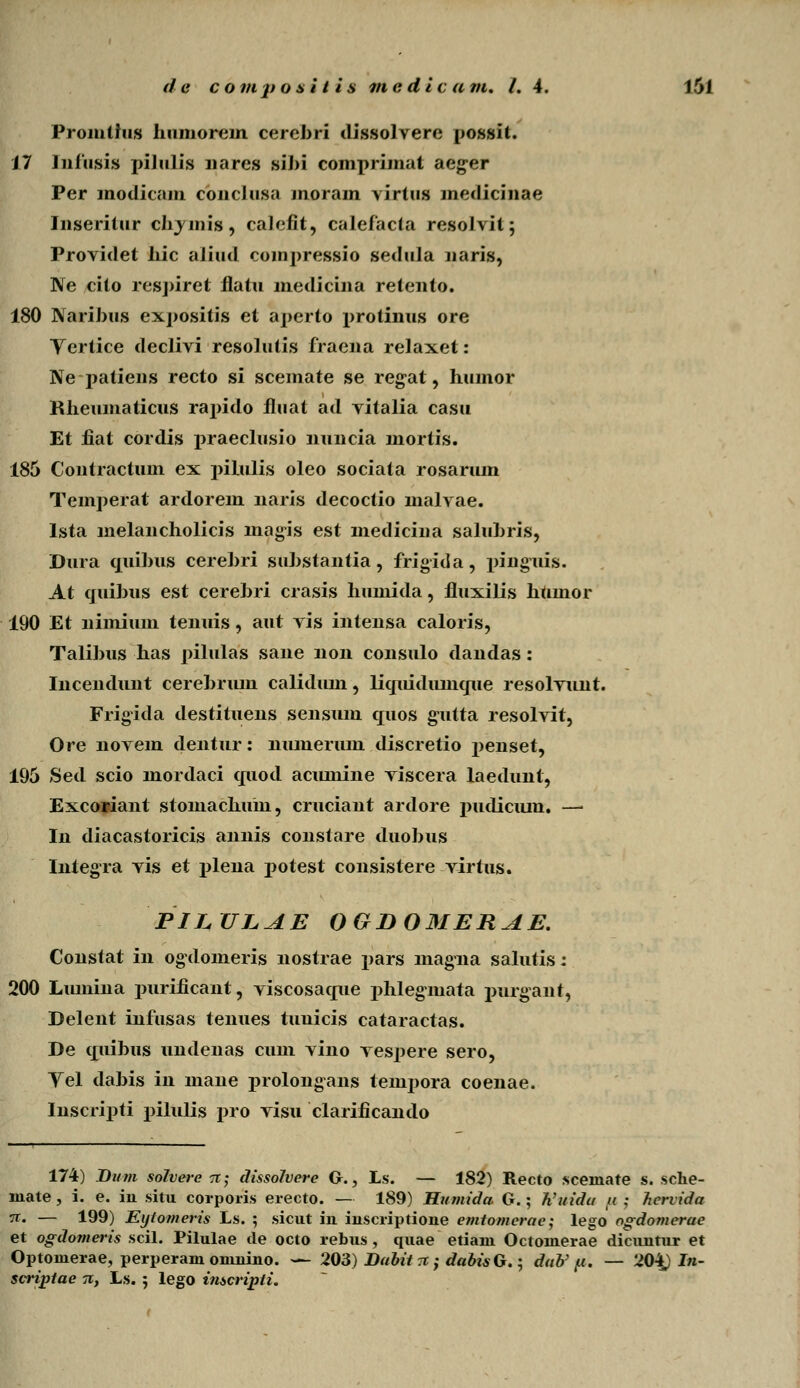 Promttus hnmorein cerebri dissolvere possit. 17 Infusis pilulis nares sibi comprimat aeg-er Per modicam conclusa moram a irlus medicinae Inseritur clivmis, caJefit, calefacta resohit; Providet liic aliud compressio sedula naris, Ne cito respiret flatu medicina retento. 180 Naribus expositis et aperto protinus ore Tertice declivi resolutis fracna relaxet: Ne patiens recto si scemate se reg-at, humor Rheumaticus rapido fluat ad vitalia casu Et fiat cordis j>raeclusio nuncia mortis. 185 Contractum ex pihilis oleo sociata rosarum Temperat ardorem naris decoctio malvae. lsta melancholicis magis est medicina salnhris, Dura quihus cerehri suhstantia, frigida, pinguis. At quibus est cerebri crasis huniida, fluxilis huinor 190 Et nimium tenuis, aut vis intensa caloris, Talibus has pilulas sane non consulo dandas: Incendunt cerebrum calidum, licpiidumque resolvunt. Frigida destituens sensum cjuos gutta resolvit, Ore novem dentur: numerum discretio penset, 195 Sed scio mordaci quod acumine viscera laedunt, Excoriant stomachuhi, cruciant ardore iJiidiciun. —- In diacastoricis annis constare duohus Integra vis et jdena potest consistere virtus. PILULAE OGBOMERAE. Constat in ogdomeris nostrae pars magna salutis: 200 Lumina purificant, viscosacpie phlegiuata purgant, Delent infusas tenues tunicis cataractas. De quibus undenas cum vino vespere sero, Yel dabis in mane prolongans teinpora coenae. Inscripti pilulis pro visu clarificando 174) JDum solvere -ti ; dissolvere G., Ls. — 182) Recto scemate s. sche- ruate , i. e. in situ corporis erecto. — 189) Humida G.; h'uida 11 ; hcrvida n. — 199) Eytoweris Ls. ; sicut in insciiptione emtomerae; lego ogdomerae et ogdomeris scil. Pilulae de octo rebus, quae etiani Octoinerae dicunnir et Optonxerae, perperam oninino. — 203) Dabit 71; dabisG.-, dab' (</. — 201} In- scriptae ti, Ls. ; lego inscripti.