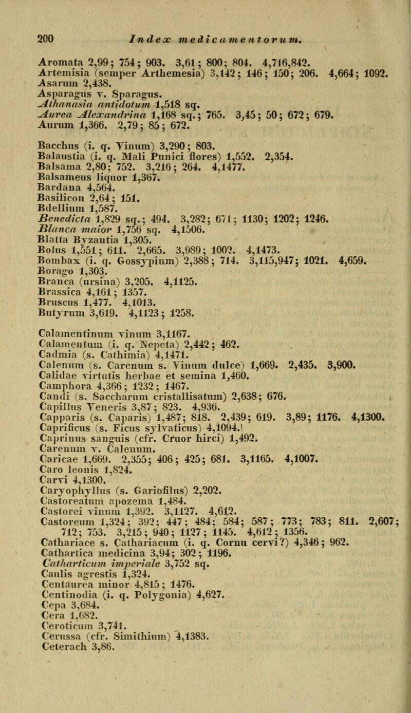 Aromata 2,99; 754; 903. 3,61; 800; 804. 4,716,842. Artemisia (semper Arthemesia) 3,142; 146; 150; 206. 4,664; 1092. Asarum 2,438. Asparagus r. Sparagus. Athanasia antidotum 1,518 sq. Aurca Alcjcandrina 1,168 sq.; 765. 3,45; 50; 672; 679. Aurum 1,366. 2,79; 85; 672. Bacchus (i. q. Tinum) 3,290; 803. Balaustia (i. q. Mali Puuici flores) 1,552. 2,354. Balsama 2,80; 752. 3,216; 264. 4,1477. Balsameus liquor 1,367. Bardana 4,564. Basilicon 2,64; 151. Bdellium 1,587. Benedicta 1,829 sq.; 494. 3,282; 671; 1130; 1202; 1246. B/anca maior 1,756 sq. 4,1506. Blatfa Byzantia 1,305. Bolus 1,551; 611. 2,665. 3,989; 1002. 4,1473. Bomhax (i. q. Gossypiuin) 2,388; 714. 3,115,947; 1021. 4,659. Bora»*o 1,303. Branca (ursina) 3,205. 4,1125. Brassica 4,161; 1357. Bruscus 1,477. 4,1013. Butyruin 3,619. 4,1123 ; 1258. Calamentinum vinum 3,1167. Calameuhim (i. q. Nepeta) 2,442; 462. Cadmia (s. Cathimia) 4,1471. Calenum (s. Carenum s. Tinum dulce) 1,669. 2,435. 3,900. Calidae virtutis herhae et semina 1,460. Camphora 4,366 ; 1232 ; 1467. Candi (s. Saccharum cristallisatum) 2,638; 676. Capillus Teneris 3,87; 823. 4,936. Capparis (s. Caparis) 1,487; 818. 2,439; 619. 3,89; 1176. 4,1300. Caprificus (s. Ficus sylvaticus) 4,1094.! Caprinus sanguis (cfr. Cruor hirci) 1,492. Careiuim v. Calenum. Caricae 1,669. 2,355; 406; 425; 681. 3,1165. 4,1007. Caro leouis 1,824. Carvi 4,1300. Carvophyllus (s. Gariofilus) 2,202. Castoreatum apozema 1,484. Castorei vinum 1,392. 3,1127. 4,612. Castoreum 1,324; 392; 447; 4S4; 584; 587; 773; 783; 811. 2,607; 712; 753. 3,215 ; 940 ; 1127 ; 1145. 4,612 ; 1356. Cathariace s. Cathariacmn (i. q. Cornu cervi?) 4,346; 962. Cathartica medicina 3,94; 302; 1196. Catharticum impcriaJe 3,752 sq. Caulis agrestis 1,324. Centaurea minor 4,815; 1476. Centinodia (i. q. Polygonia) 4,627. Cepa 3,684. Cera 1,682. Ceroticum 3,741. Cerussa (cfr. Simithium) 4,1383. Ceterach 3,86.