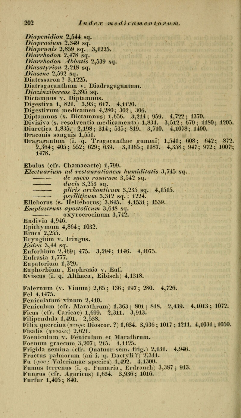 Diapenidion 2,544 sq. Diaprasium 2,349 sq> Diaprunis 2,859 sq. 3,1225. Diarrkodon 2,478 sq. Diarrkodon Jibbatis 2,539 sq. Diasatyrion 2,218 sq. Diasene 2,592 sq. Diatessaron? 3,1225. Diatragacanthum v. Diadragagantum. Diazinzibereos 2,395 sq. Dictamnus r. Diptamnus. Digestiva 1, 821. 3,93; 617. 4,1120. Digestivum medicamen 4,280; 302; 30li. Diptamnus (s. Dictamnus) 1,65(3. 3,214; 959. 4,722; 1370. Divisiva(s. resolventia medicamenta) 1,834. 3,512; 670; 1180; 1205. Diuretica 1,835. 2,198; 314; 535; 819. 3,710. 4,1078; 1400. Draconis sanguis 1,551. Dragagantum (i. q. Tragacanthae gummi) 1,541; 608; 642; 872. 2,364; 405; 552; 629; 639. 3,1165; 1187. 4,358; 947; 972; 1007; 1478. Ehulus (cfr. Chamaeacte) 1,799. Electuarium ad restaurationem humiditatis 3,745 sq. de succo rosarum 3,542 sq. ducis 3,253 sq. pliris archonticum 3,235 sq. 4,1515. ■ psyUiticum 3,312 sq. j 1224. Ellehorus (s. Hellehorus) 3,845. 4,1531; 1539. Emplastrum apostolicum 3,648 sq. oxyrocrocinum 3,742. Endivia 4,946. Epithyinum 4,864; 1032. Eruca 2,255. Eryngium v. Iringus. Esdra 3,44 sq. Euforhium 2,4b9; 475. 3,294; 1146. 4,1075. Eufrasia 1,777. Eupatorium 1,329. Euphorhium, Euphrasia v. Euf. Eviscus (i. q. Althaea, Eihisch) 4,1318. Falernum (v. Yinum) 2,65; 136; 197; 280. 4,726. Fel 4,1475. Feniculatum vinum 2,410. Feniculum (cfr. Marathrum) 1,363 ; 801; 818. 2,439. 4,1013; 1072. Ficus (cfr. Caricae) 1,699. 2,311. 3,913. Filipendula 1,491. 2,538. Filix quercina (nveotq Dioscor. ?) 1,634. 3,936; 1017 ; 1211. 4,1031; 1050. Fisalis (tpvaaXiq) 2,621. Foeniculum v. Feniculum et Marathrum. Foenum graecum 3,207; 215. 4,1125. Frigida semiua |cfr. Oualuor seiu. frig.) 2,131. 4,946. Fructus palmorum (an i. q. Daetyli?) 2,311. Fu ((fov,- Yalerianae species) 1,492. 4,1300. Fumus terrenus (i. q. Fumaria, Erdrauch) 3,387; 913. Fungus (cfr. Agaricus) 1,634. 3,936; 1016. Furfur 1,405; 840.