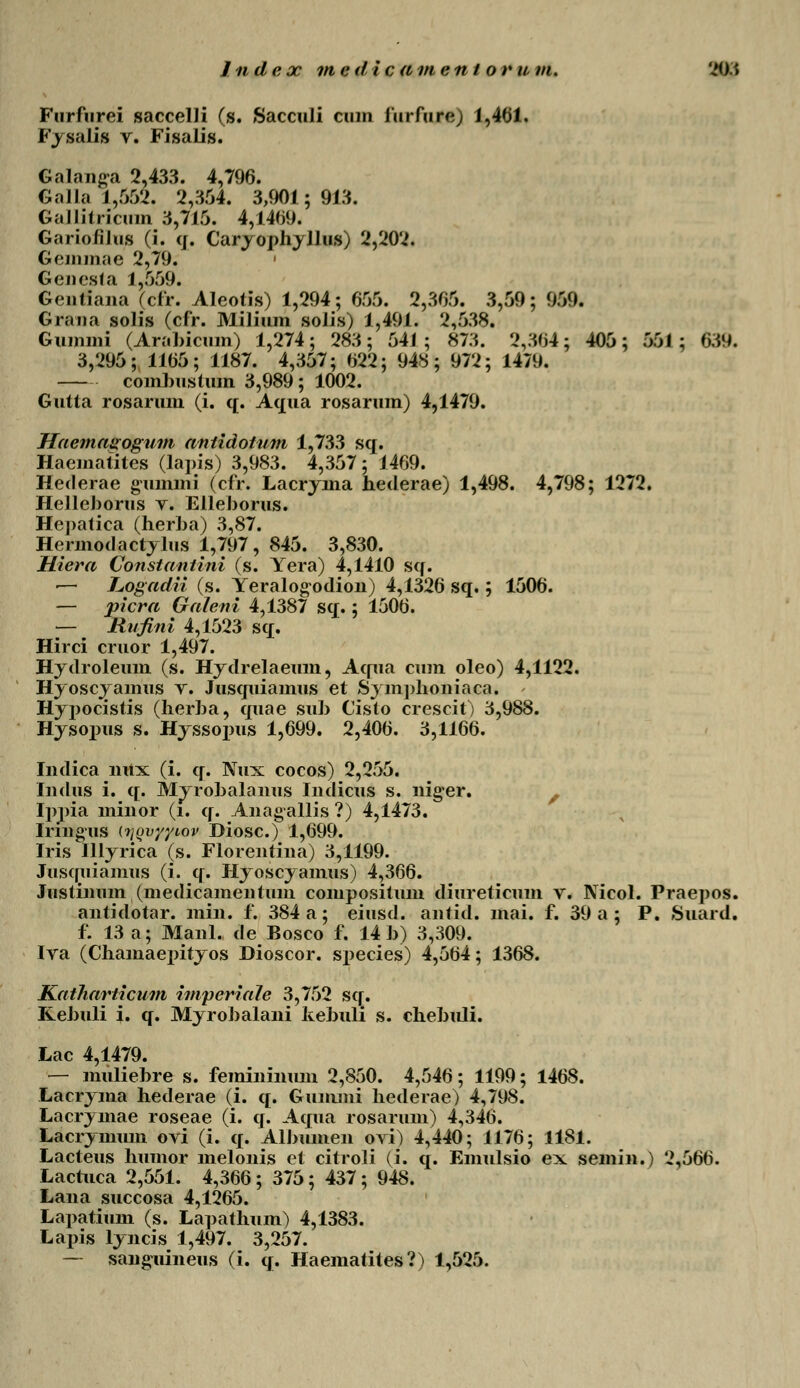 Furfurei saccelli (s. Sacculi cuiu lurfure) 1,461. Fjsalis v. Fisalis. Galang-a 2,433. 4,796. Galla 1,652. 2,354. 3,901; 913. Gallitricum 3,715. 4,1469. Gariofilus (i. q. Carjophjllus) 2,202. Geinmae 2,79. Genesta 1,559. Gcutiana (cfr. Aleotis) 1,294; 655. 2,365. 3,59; 959. Grana solis (cfr. Milium solis) 1,491. 2,538. Gummi (Arahicum) 1,274; 283; 541; 873. 2,364; 405; 551; 639. 3,295; 1165; 1187. 4,357; 622; 948; 972; 1479. comhustum 3,989; 1002. Gutta rosarum (i. q. Aqua rosarum) 4,1479. Haemanogum antidotum 1,733 sq. Hacmatites (lapis) 3,983. 4,357; 1469. Hederae g-ummi (cfr. Lacrjma hederae) 1,498. 4,798; 1272. Hellehorus v. Ellehorus. Hepatica (herha) 3,87. Hermodactjlus 1,797, 845. 3,830. Hiera Constantini (s. Yera) 4,1410 sq. ■— Logadii (s. Yeralogodion) 4,1326 sq.; 1506. — picra Galeni 4,1387 sq.; 1506. — Hufini 4,1523 sq. Hirci cruor 1,497. Hydroleum (s. Hjdrelaeum, Aqua cum oleo) 4,1122. Hjoscjamus v. Jusquiamus et Sjmj)honiaca. Hjj)ocistis (herha, quae suh Cisto crescit) 3,988. Hjsopus s. Hjssopus 1,699. 2,406. 3,1166. Indica nitx (i. q. Nux cocos) 2,255. Indiis i. q. Mjrohalanus Indicus s. niger. r Ippia minor (i. q. Anagallis ?) 4,1473. Iringus djQvyyiov Diosc.) 1,699. Iris Illjrica (s. Florentina) 3,1199. Jusquiamus (i. q. Hjoscjamus) 4,366. Justinum (medicameutum compositum diureticum v. Nicol. Praepos. antidotar. min. f. 384 a; eiusd. antid. mai. f. 39 a ; P. Suard. f. 13 a; Manl. de Bosco f. 14 h) 3,309. Iva (Chamaepitjos Dioscor. species) 4,564; 1368. Katharticum imperiale 3,752 sq. Kehuli i. q. Mjrohalani kehuli s. chehuli. Lac 4,1479. — muliehre s. femininum 2,850. 4,546; 1199; 1468. Lacrjma hederae (i. q. Gummi hederae) 4,798. Lacrjmae roseae (i. q. Aqua rosarum) 4,346. Lacrjnmm ovi (i. q. Alhumen ovi) 4,440; 1176; 1181. Lacteus humor melonis et citroli (i. q. Emulsio ex semin.) 2,566. Lactnca 2,551. 4,366; 375; 437; 948. Lana succosa 4,1265. Lapatium (s. Lapathnm) 4,1383. Lapis ljncis 1,497. 3,257.