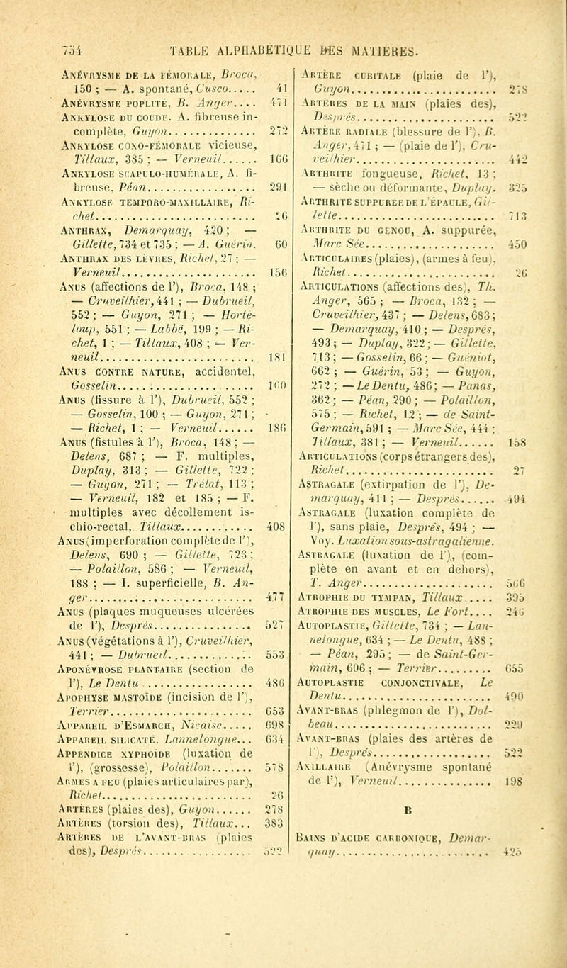 ANÉVRYSME DE LA FÉMORALE, BrOCCt, 150; — A. spontané, Cusco 41 Anévrysme poplité, B. Anger.... 471 Ankylose du coude. A. fibreuse in- complète, Guyon 272 Ankylose coxo-fémorale vicieuse, Tillaux, 385 ; — Verneuil 1GG Ankylose scapulo-humérale, A. fi- breuse, Péan 291 Ankylose temporo-maxillaire, Ri- chet SG Anthrax, Demarquay, 420 ; — Gillette, 734 et 735 ; — A. Guéri». 60 Anthrax des lèvres, Riche!, 27 ; — Verneuil 15G Anus (affections de 1'), Broca, 148 ; — CruveUhier, iil ; — Dubrueil, 552; — Guyon, 271 ; — Horte- loup, 551 ; — Labbé, 199 ; — Ri- chet, 1 ; — Tillaux, 408 ; — Ver- neuil 181 Anus Contre nature, accidentel, Gosselin : 100 Anus (fissure à 1'), Dubrueil, 552 ; — Gosselin, 100 ; — Guyon, 271 ; - — Richet, 1 ; — Verneuil 186 Anus (fistules à 1'), Broca, 148; — Delens, 687 ; — F. multiples, Duplay, 313; — Gillette, 722; — Guyon, 271; — Trélat, 113; — Verneuil, 182 et 185 ; — F. multiples avec décollement is- chio-rectal, Tillaux 408 ANUS(imperforation complète de 1'), Delens, 690 ; — Gillette, 723 ; — Polaillon, 586 ; — Verneuil, 188 ; — I. superficielle, B. An- ger 477 Anus (plaques muqueuses ulcérées de 1'), Després 527 Anus (végétations à Y), CruveUhier, 441; —Dubrueil 553 Aponévrose plant-aire (section de 1'), Le Dentu 48G Apophyse mastoîde (incision de 1'), Terrier C53 Appareil d'Esmarch, Ni>:aise 098 Appareil silicate. Lannelongue... 634 Appendice xyphoïde (luxation de 1'), (grossesse), Polaillon 5*8 Armes a feu (plaies articulaires par), Richet 26 Artères (plaies des), Guyon 27s Artères (torsion des), Tillaux... 383 Artères de l'avant-bras (plaies dos), Desprâs 522 Artère cubitale (plaie de l'), Guyon 27 - Artères de la main (plaies des), Després 522 Artère radiale (blessure de 1'), B. Anger,Vil ; — (plaie de 1'). Cru- veUhier i i J Arthrite fongueuse, Richet. 13 : — sèche ou déformante, Duplay. 325 Arthrite suppurée de l'épaule, Gil- lette 713 Arthrite du genou, A. suppurée, Marc Sée 450 Articulaires (plaies), (armes à feu;, Richet 2(i Articulations (affections des}, Th. Anger, 565 ; — Broca, 132 ; — CruveUhier, 437 ; — Delens, 683 ; — Demarquuy, 410 ; — Després, 493 ; — Duplay, 322; — Gillette, 713 ; — Gosselin, 66 ; — Guénwt, 662 ; — Guérin, 53 ; — Guyon, 272 ; —LeDentu, 486; — Panas, 362; — Péan, 290; — Polaillon, 575 ; — Richet, 12 ; — de Saint- Germain, 591 ; — Marc Sée, iii ; Tillaux, 381 ; — Verneuil 158 Articulations (corps étrangers des), Richet 27 Astragale (extirpation de 1'), De- marquay, 411 ; — Després .494 Astragale (luxation complète de F), sans plaie, Després, 494 ; — Voy. Luxation sous-astragalienne. Astragale (luxation de 1')., (com- plète en avant et en dehors), T. Anger 5G6 Atrophie du tympan, Tillaux . 395 Atrophie des muscles, Le Fort.... 240 Autoplastie, Gillette, 734 ; — Lan- nelongue, 634 ; — Le Dentu, 4SS ; — Péan, 295; — de Saint-Go- inain, 606 ; — Terrier 655 Autoplastie conjonctivale, Le Dentu 490 Avant-bras (phlegmon de 1'), Dol- beau 22!) Avant-bras (plaies des artères de 1 , Després 522 Axillaire (.Anévrysme spontané de 1'), Verneuil 198 B Bains d'acide carbonique, Demar quay ..
