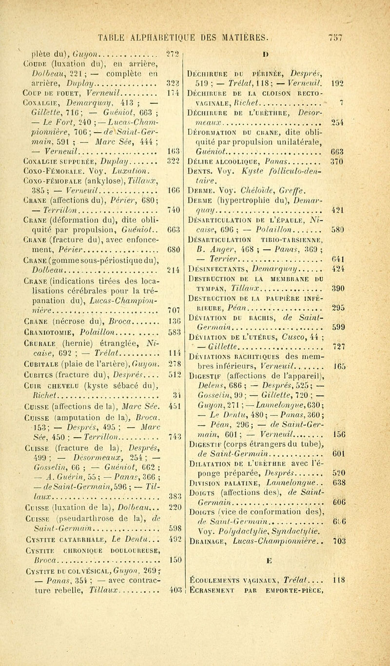 plète du), Guyon 272 Coude (luxation du), en arrière, Do/beau, 221 ; — complète en arrière, Duplay 323 Coup de fouet, Verneuil 174 Coxalgie, Demarquay, 413 ; — Gillette, 71G; — Guéniot, 663 ; — Le Fort, 240 ; — Lucas-Cham- pionnière, 706 ; — de 'Saint-Ger- main, 591 ; — Marc Sée, 444 ; — Verneuil 163 Coxalgie suppurée, Duplay 322 Coxo-Fémorale. Vôy. Luxation. Coxo-fémopale (anltylose), filiaux, 385 ; — Verneuil. 160 Crâne (affections du), Pérïer, 680; — Terrillon 740 Crâne (déformation du), dite obli- quité par propulsion, Guéniot.. 663 Crâne (fracture du), avec enfonce- ment, Périer 680 Crâne (gomme sous-périostique du), Dolueau 214 Crâne (indications tirées des loca- lisations cérébrales pour la tré- panation du), Lucas■-Champion- mère 707 Crâne (nécrose du), Broca 136 Craniotomie, Polaillon 583 Crurale (hernie) étranglée, Ni- çoise, 692 ; — Trélat 114 Cubitale (plaie de l'artère), Guy on. 278 Cubitus (fracture du), Després.... 512 Cuir chevelu (kyste sébacé du), Richet 3i Cuisse (affections de la), Marc Se'e. 451 Cuisse (amputation de la), Broca. 153; — Després, 495 ; — Marc Sée, 450 ; — Terrillon 743 Cuisse (fracture de la), Després, 499 ; — Désormeaux, 254 ; — Gosselin, 66 ; — Guéniot, 662 ; — A. Guérin, 55 ; — Panas, 366 ; — de Saint-Germain, 596 ; — fil- iaux 383 Cuisse (luxation de la), Dolbeau... 220 Cuisse (pseudarthrose de la), de Saint-Germain 598 Cystite catarrhale, Le Dentu... 492 CYSTITE CHRONIQUE DOULOUREUSE, Broca .'... 150 Cystite du colvésical, Guyon, 269 ; — Panas, 354 ; — avec contrac- ture rebelle, filiaux 403 i> Déchirure du périnée, Després, 519 ; — frélat, 118 ; — Verneuil. 192 DÉCHIRURE DE LA CLOISON RECTO- vaginale, lUc/iet 7 Déchirure de l'urèthre, Desor- meaux 254 Déformation du crâne, dite obli- quité par propulsion unilatérale, Guéniot 663 Délire alcoolique, Panas 370 Dents. Voy. Kyste folliculo-den- taire. Derme. Voy. Chéloïde, Greffe. Derme (hypertrophie du), Demar- quay 421 Désarticulation de l'épaule, Ni- caise, 696 ; — Polaillon 580 Désarticulation tibio-tarsienne, B. Anger, 468 ; — Panas, 369 ; — Terrier 641 Désinfectants, Demarquay 424 Destruction de la membrane du tympan, filiaux., 390 Destruction de la paupière infé- rieure, Péan 295 Déviation du rachis, de Saint- Germain 599 Déviation de l'utérus, Cusco, 44 ; — Gillette 727 Déviations rachitiques des mem- bres inférieurs, Verneuil....... 165 Digestif (affections de l'appareil), Delens, 686 ; —- Després, 525 ; — Gosselin, 9!); — Gillette, 720 ; — Guyon, 271 ; — Lannelongue, 630 ; — Le Dentu, 480 ; — Panas, 360 ; — Péan, 296; — de Saint-Ger- main, 601; — Verneuil 156 Digestif (corps étrangers du tube), de Saint-Germain 601 Dilatation de l'urèthre avec l'é- ponge préparée, Dtsprés 520 Division palatine, Lannelongue.. 638 Doigts (affections des), de Saint- Germain 606 Doigts (vice de conformation des), de Saint-Germain 61-6 Voy. Polydactylie, Synductylie. Drainage, Lucas-Championnière.. 703 Écoulements vaginaux, frélat 118 Écrasement par emporte-pièce,