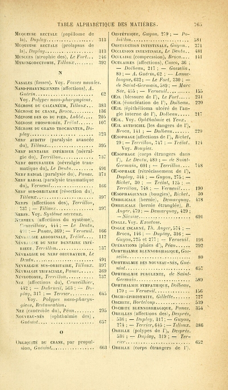 Muqueuse rectale (papillome de la), Dupkuj 313 Muqueuse rectale (prolapsus de la), Duplay 313 Musci.es (atrophie des), Le Fort... 246 Myringodectomie, filiaux 392 N Nasales (fosses). Voy. Fosses nasales. Naso-pharyngiennes (affections), A. Guérin 62 Voy. Polype? naso-pharyngiens. Nécrose du calcanéum, Tillaux... 383 Nécrose du cuane, Broca 136 Nécrose des os du pied, Labbé.,.. 205 Nécrose phosphorée, Trélat 107 Nécrose du grand trochanter, Du- play 323 Nerf auditif (paralysie avancée du), Tillaux 395 Nerf dentaire inférieur (névral- gie du), Terrillon 737 Nerf obturateur (névralgie trau- matique du), Le Dent». 491 Nerf radial (paralysie du), Panas. 371 Nerf radial (paralysie traumatique du), Verneuil 1C6 Nerf sus-orbitaire (résection du), filiaux 397 Nerfs (affections des). Terrillon, 737 ; — Tillaux 397 Nerfs. Yoy. Système nerveux. Nerveux, (affections du système), Cruveilhier, 444 ; — Le Dentu, 4 • — Panas, 369;— Verneuil. 166 Névi. iie abdominale, Trélat.... 112 NÉVR/. GIE DU NERF DENTAIRE INFÉ- RIEUR. Terrillon 737 Névralgie du nerf obturateur, Le Dentu 491 Névralgie sus-orbitaire, Tillaux. 397 Névralgie trifaciale, Panas 369 Névrotomie, Terrillon 737 Nez (affections du), Cruveilhier, 442 ; — Dubrueil, 563 ; — Du- play, 317 ; — Terrier 645 Voy. Polypes naso-pharyn- giens, Restauration. Nez (cancroïde du), Péan 295 Nouveau-nés (ophthalmie des) , Guèniot 657 O Obliquité du crâne, par propul- sion, Guèniot » 663 Obstétrique, Guy on, 279 ; — l'o- Inillon 581 Obstruction intestinale, Guyon.. 2.71 Occlusion intestinale, Le Dentu.. 481 Oculaire (compression), Broca.... 141 Oculaires (affections), Cusco, 36 ; — Dolbeau, 217 ; — Gosselin, 80 ; — A. Guérin, 62 ; — Lanne- longue, 632 ; — Le Fort, 230 ; — rie Saint-Germain, 589 ; — Marc Sée, 455 ;— Verneuil 155 Œil (blessure de 1'), Le Fort. 231 Œil (énucléation de 1'), Dolbeau. 220 Œil (épithélioma ulcéré de l'an- gle interne de 1'), Dolbeau 217 Œil. Voy. Ophthalmie et Yeux. Œil artificiel (les dangers de 1'), Broca, 141 ; — Dolbeau 220 Œsophage (affections de 1'), Richet, 29 ; — Terrillon, 747 ; — Trélat. 124 Voy. Bougies. Œsophage (corps étrangers dans F), Le Dentu, 480 ; — de Saint- Germain, 601; — Terrillon.... 748 Œsophage (rétrécissement de 1'), Duplay, 344 ; — Guyon, 275 ; — Richet, 30 ; — Trélat, 125 ; — Terrillon, 748; — Verneuil 190 Œsophagiennes (bougies), Richet. 30 Ombilicale (hernie), Demarquay. 428 Ombilicale (hernie étranglée), B. Anger, 479 ; — Demarquay, 429 ; — Niçoise 691 Ongle. Voy. Exostose. Ongle incarné, Th. Anger, 574 ; — Broca, 146 ; — Duplay, 316 ; — Guyon, 275 et 277 ; — Verneuil. 19S Opérations (plaies d'), Péan 292 Ophthalmie blennorrhagique, Gos- selin 80 Ophthalmie des nouveau-nés, Guè- niot 657 Ophthalmie purulente, de Saint- Germain 589 Ophthalmie sympathique, Dolbeau, 179 ; — Verneuil 156 Orchi-épididymite, Gillette 727 Orchite, Horteloup 539 Orchite blennorrhagique, Panas. 354 Oreilles (affections des), Després, ■ 536; — Duplay, 317;— Guyon, 274 ; — Terrier, 645 ; — Tillaux. 386 Oreille (polypes de 1'), Després. 53G ; — Duplay, 319 ; — Ter- rier 652 Oreille (corps étrangers de 1'),