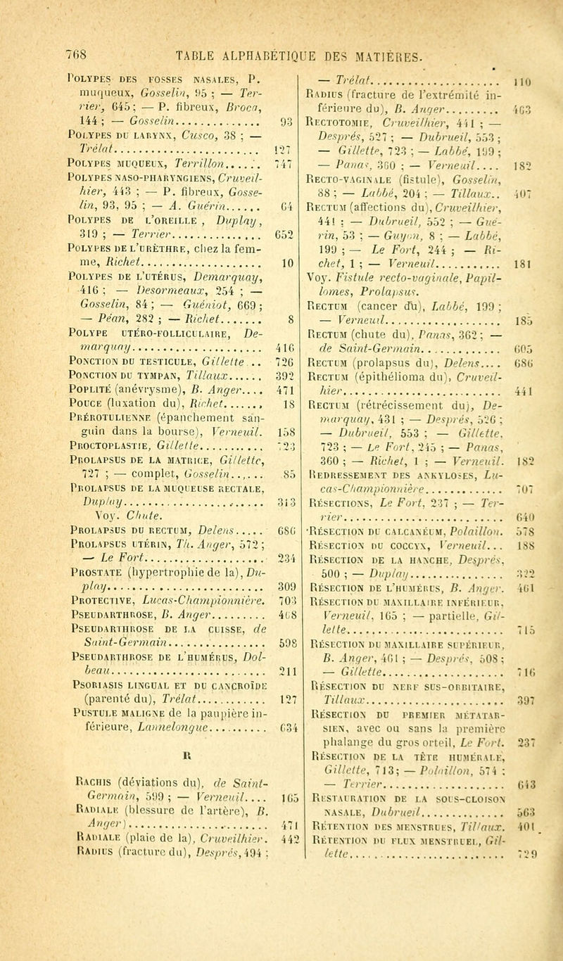 Polypes des fosses nasales, P. muqueux, Gosselin, 95 ; — Ter- rier, 645 ; — P. fibreux, Brocn, 144 ; — Gosselin 93 Polypes du larynx, Cusco, 38 ; — Trélat 127 Polypes muqueux, Terrillon...... 747 Polypes naso-pharyngiens, Cruveil- hier, 443 ; — P. fibreux, Gosse- lin, 93, 95 ; — A. Guérin Ci Polypes de l'oreille , Duplay, 319 ; — Terrier 652 Polypes de l'urèthre, chez la fem- me, Richet 10 Polypes de l'utérus, Démarquai/, 416 ; — Desormeaux, 254 ; — Gosselin, 84 ; — Gué/dot, 669 ; — Péan, 282 ; — Richet ... 8 Polype utéro-folliculaire, Dé- marquai) 416 Ponction du testicule, Gillette... 726 Ponction du tympan, Tillaux 392 Poplité (anévrysme), B. Anger.... 471 Pouce (luxation du), Richet , 18 Prérotuliennf. (épaiichement san- guin dans la bourse), Verneuil. 158 Proctoplastie, Gillette 723 Prolapsus de la matrice, Gillette, 727 ; — complet, Gosselin..,... S5 Prolapsus de la muqueuse rectale, Duplay , 313 Voy. Chute. Prolapsus du rectum, Delens 686 Prolapsus utérin, Th. Anger, 572 ; — Le Fort 234 Prostate (hypertrophie de \z), Du- play 309 Protective, Lucas-Championnière. 703 Pseudarthrose, B. Anger 4(;8 Pseudarthrose de la cuisse, de Suint-Germain 598 Pseudarthrose de l'humérus, Dol- beau 211 Psoriasis lingual et du cancroïde (parenté du), Trélat 127 Pustule maligne de la paupière in- férieure, Lannelonguc. 634 ii P.achis (déviations du), île Saint- Germain, 599; — Verneuil 165 Radiale (blessure de l'artère), B. Anger) 471 Radiale (plaie de la), Cruveilhier. 442 Radius (fracture du), Després, 494 : — Trélat no Radius (fracture de l'extrémité in- férieure du), B. Anger iG3 Rectotomie, Cruveilhier, 411; — Després, 527 ; — Dubrueil, 553 ; — Gillette, 723 ; — Labbé, 109 ; — Panât, 300 ; — Verneuil 182 Recto-vaginale (fistule), Gosselin, 88 ; — Labbé, 204 : — Tillaux.. 101 Rectum (affections du), Cruveilhier, 44! : — Dubrueil, 552 ; — Gué- rin, 53 ; — Guyon, 8 ; — Labbé, 199 ; — Le Fort, 244 ; — Ri- chet, 1 ; — Verneuil 181 Voy. Fistule recto-vaginale, Papil- lomes, Prolapsus. Rectum (cancer du), Labbé, 199 ; — Verneuil 185 Rectum (chute du), Panas, 362; — de Saint-Germain 605 Rectum (prolapsus du), Delens.... 686 Rectum (épithélioma du), Cruveil- hier 441 Rectum (rétrécissement duj, Dé- marquai], 431 ; — Després, 52G ; — Dubrueil, 553 ; — Gillette. 723 ; — Le Fort, 245 ; — Panas, 360 ; — Richet, 1 ; — Verneuil. 182 Redressement des ankylojes, Lu- cas-Championnière 707 Résections, Le Fort, 237 ; — Ter- rier 640 •Résection du calcanéum, Polaillon. 578 Résection du coccyx, Verneuil... 188 Résection de la hanche, Després, 500 ; — Duplay 322 Résection de l'humérus, B. Anger. 461 Résection du maxillaire inférieur, Verneuil, 165 ; — partielle Gil- lelte 715 Résection du maxillaire si périei r, B. Anger, 461 ; — Després, 508 : — Gillette 716 Résection du nerf sus-orditaire, Tillaux 391 Résection du premier métatar- sien, avec ou sans la première phalange du gros orteil, Le Fort. 237 Résection delà têtr humer ul. Gillette, 713; — Polaillon, 574 : — Terrier 613 Restauration de la sous-cloison nasale, Dubrueil 563 Rétention des menstrues, TU'aux. 101 Rétention du flux menstruel, Gil- lette 729