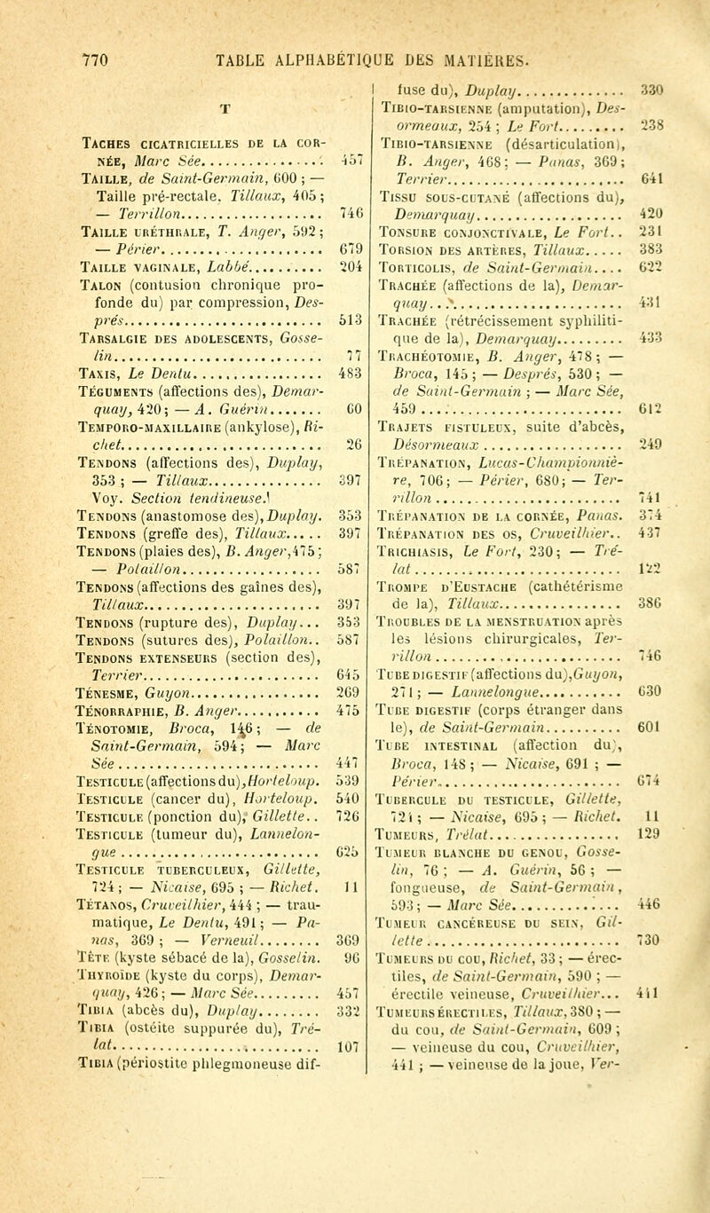 Taches cicatricielles de la cor- née, Alarc Sée '. 457 Taille, de Saint-Germain, 600 ; — Taille pré-rectale. Tillaux, 405; — Terrillon 746 Taille uréthrale, T. Anger, 592 ; — Périer .' 679 Taille vaginale, Labbé 204 Talon (contusion chronique pro- fonde du) par compression, Des- prés 513 Tarsalgie des adolescents, Gosse- lin 7 7 Taxis, Le Dentu 483 Téguments (affections des), Demar- quay, 420 ; — A. Guérin C0 Temporo-maxillaire (ankylose), fii- chet 26 Tendons (affections des), Duplay, 353; — Tillaux 397 Voy. Section tendineuse} Tendons (anastomose des),Duplay. 353 Tendons (greffe des), Tillaux 397 Tendons (plaies des), B. Anger,475 ; — Polaillon 587 Tendons (affections des gaines des), Tillaux 397 Tendons (rupture des), Duplay... 353 Tendons (sutures des), Polaillon.. 587 Tendons extenseurs (section des), Terrier 64 5 Ténesme, Guy on 269 Ténorraphie, B. Anger 475 Ténotomie, Broca, 14^6 ; — de Saint-Germain, 594; — AI arc Sée 447 Testicule (affections du),Horteloup. 539 Testicule (cancer du), Horteloup. 540 Testicule (ponction du), Gillette.. 726 Testicule (tumeur du), Lannelon- gue 625 Testicule tuberculeux, Gillette, 724 ; — Nicaise, 695 ; — Richet. 11 Tétanos, Cruveilhier, 444 ; — trau- matique, Le Dentu, 491 ; — Pa- nas, 369; — Verneuil 369 Tête (kyste sébacé de la), Gosselin. 96 Thyroïde (kyste du corps), Demar- quay, 426 ; — Marc Sée 457 Tibia (abcès du), Duplay 332 Tibia (ostéite suppurée du), Tré- lat 107 Tibia (périostitc plilegmoneuse dif- fuse du), Duplay 330 Tibio-tarsienne (amputation), Des- ormeaux, 254 ; Le Fort 238 Tibio-tarsienne (désarticulation |, B. Anger, 468; — Panas, 369; Terrier 641 Tissu sous-cutané (affections du), Demarquay 420 Tonsure conjonctivale, Le Fort.. 231 Torsion des artères, Tillaux 383 Torticolis, de Saint-Germain.... 622 Trachée (affections de la), Demar- quay.. >. 431 Trachée (rétrécissement syphiliti- que de la), Demarquay 433 Trachéotomie, B. Anger, 478; — Broca, 145 ; — Després, 530 ; — de Sainl-Germuin ; — Marc Sée, 459.... 612 Trajets fistuleux, suite d'abcès, Désormeaux 249 Trépanation, Lucas-Championniè- re, 706; — Périer, 680;'— Ter- rillon 741 Trépanation de la cornée, Panas. 374 Trépanation des os, Cruveilhier.. 437 Trichiasis, Le Fort, 230; — Tré- lat 122 Trompe d'Eustache (cathétérisme de la), Tillaux 386 Troubles de la .menstruation après les lésions chirurgicales, Ter- rillon 746 Tube digestif (affections du),Guyon, 271 ; — Lannelongue 630 Tube digestif (corps étranger dans le), de Saint-Germain 601 Tube intestinal (affection du), Broca, 14S; — Nicaise, 691 ; — Périer 674 Tubercule du testicule, Gillette, 72i ; — Nicaise, 695 ; — Riche t. 11 Tumeurs, Trélat 129 Tumeur blanche du genou, Gosse- lin, 76; — A. Guérin, 56; — fongueuse, de Saint-Germain, 593; — Marc Sée 446 Tumeur cancéreuse du sein, Gil- lette 730 Tumeurs du cou, Richet, 33 ; — érec- tiles, de Saint-Germain, 590 ; — érectile veineuse, Cruveilhier... 4il TuMF.URSEiiECTii.FS, Tillaux, 3S0 ; —■ du cou, de Saint-Germain, 609 ; — veineuse du cou, Cruveilhier, 441 ; —veineuse de la joue, Ver-