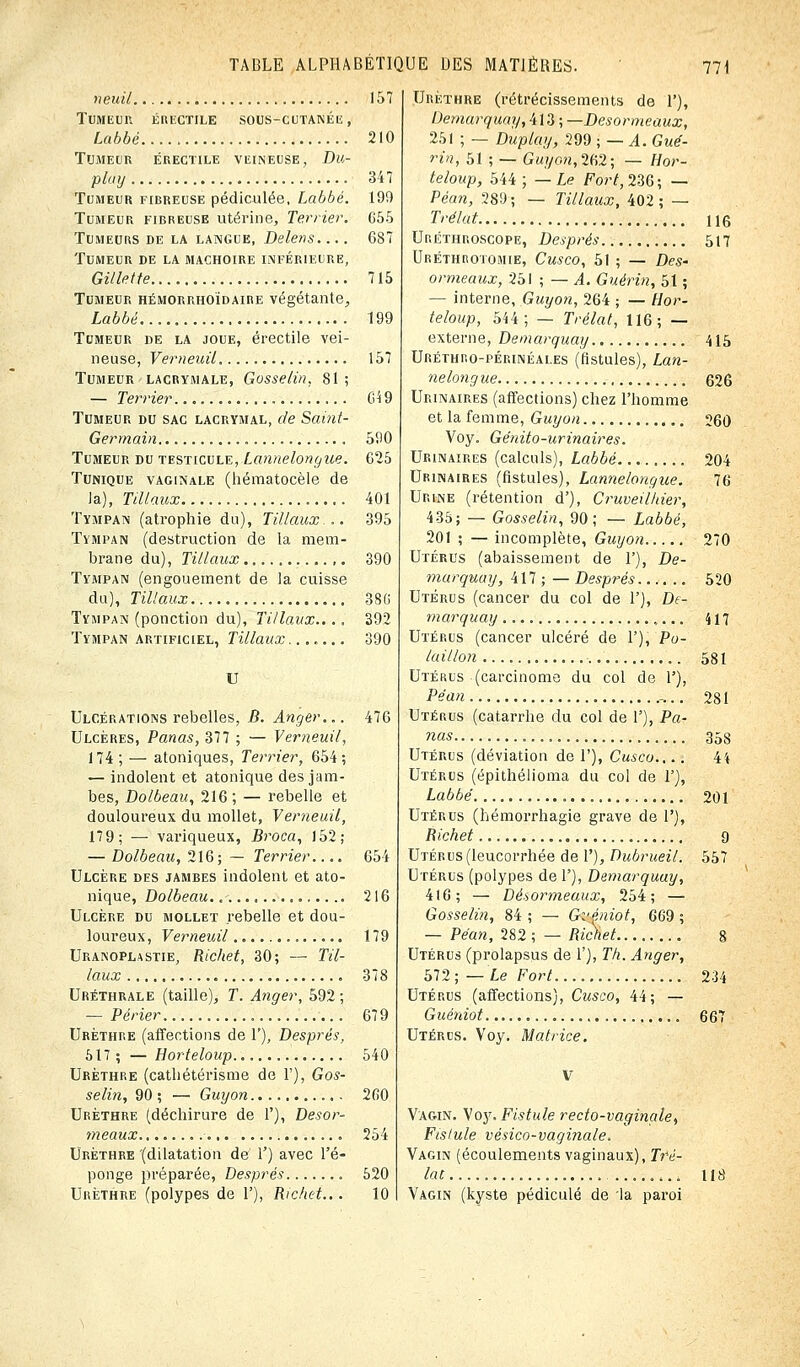 veuil 157 Tumeur érectile sous-cutanée, Labbé 210 TUMEUR ÉRECTILE VEINEUSE, Dll- play 347 Tumeur fibreuse pédiculée, Labbé. 199 Tumeur fibreuse utérine, Terrier. 655 Tumeurs de la langue, Delens.... 687 Tumeur de la mâchoire inférieure, Gillette 715 Tumeur hémorrhoïdaire végétante, Labbé 199 Tumeur de la joue, érectile vei- neuse, Verneuil. 157 Tumeur lacrymale, Gosselin, 81 ; — Terrier... G49 Tumeur du sac lacrymal, de Saint- Germain 590 Tumeur du testicule, Lannelongue. 625 Tunique vaginale (hématocèle de Ja), Tillaux 401 Tympan (atrophie du), Tillaux... 395 Tympan (destruction de la mem- brane du), Tillaux ,. 390 Tympan (engouement de la cuisse du), Tillaux 38G Tympan (ponction du), Tillaux.... 392 Tympan artificiel, Tillaux....... 390 U Ulcérations rebelles, B. Anger... 476 Ulcères, Panas, 377 ; — Verneuil, 174; — atoniques, Terrier, 654; — indolent et atonique des jam- bes, Dolbeau, 216 ; — rebelle et douloureux du mollet, Verneuil, 179; — variqueux, Broca, 152; — Dolbeau, 216; — Terrier.... 654 Ulcère des jambes indolent et ato- nique, Dolbeau. 216 Ulcère du mollet rebelle et dou- loureux, Verneuil 179 Uranoplastie, Richet, 30; — Til- laux 378 Uréthrale (taille), T. Anger, 592; — Périer 679 Urèthre (affections de 1'), Després, 517 ; — Horteloup... 540 Urèthre (cathétérisme de 1'), Gos- selin, 90 ; — Guyon 260 Urèthre (déchirure de Y), Desor- meaux 254 Urèthre (dilatation de 1') avec l'é- ponge préparée, Després 520 Urèthre (polypes de 1'), Richet... 10 Urèthre (rétrécissements de T), Deniarquay, 413 ; —Desormeaux, 251 ; — Duplay, 299 ; — A. Gué- rîn, 51 ; — Guyon, 262; — Hor- teloup, 544 ; —Le Fort,236; — Péan, 289; — Tillaux, 402; — Trélat Uréthroscope, Després Uréthrotomie, Cusco, 51 ; — Des- ormeaux, 251 ; — A. Guérin, 5t ; — interne, Guyon, 264 ; — Hor- teloup, 544; — Trélat, 116; — externe, Demarquay Uréthro-périnéales (fistules), Lan- nelongue Urinaires (affections) chez l'homme et la femme, Guyon Voy. Génito-urinaires. Urinaires (calculs), Labbé Urinaires (fistules), Lannelongue. Urine (rétention d'), Cruveiihier, 435; — Gosselin, 90; — Labbé, 201 ; — incomplète, Guyon Utérus (abaissement de 1'), De- marquay, 417 ; — Després Utérus (cancer du col de 1'), De- marquay Utérus (cancer ulcéré de 1'), Po- laillon Utérus (carcinome du col de 1'), Péan Utérus (catarrhe du col de 1'), Pa- nas Utérus (déviation de 1'), Cusco Utérus (épithélioma du col de ï), Labbé Utérus (hémorrhagie grave de 1'), Richet Utérus (leucorrhée de 1'), Dubrueil. Utérus (polypes de 1'), Demarquay, 416; — Désormeuux, 254; — Gosselin, 84 ; — Gvéniot, 669 ; — Péan, 282 ; — Richet Utérus (prolapsus de 1'), Th. Anger, 572; —Le Fort.... Utérus (affections), Cusco, 44; — Guéniot Utérds. Voy. Matrice. Y Vagin. Voy. Fistule recto-vaginale, Fistule vésico-vaginale. Vagin (écoulements vaginaux), Tré- lat .... 118 Vagin (kyste pédicule de la paroi 116 517 415 626 260 204 76 270 520 417 581 281 358 44 201 9 557 234 667