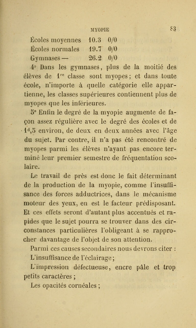 Écoles moyennes 10.3 0/0 Écoles normales 19.7 0/0 Gymnases— 26.2 0/0 4° Dans les gymnases, plus de la moitié des élèves de lre classe sont myopes ; et dans toute école, n'importe à quelle catégorie elle appar- tienne, les classes supérieures contiennent plus de myopes que les inférieures. 5° Enfin le degré de la myopie augmente de fa- çon assez régulière avec le degré des écoles et de ld,5 environ, de deux en deux années avec l'âge du sujet. Par contre, il n'a pas été rencontré de myopes parmi les élèves n'ayant pas encore ter- miné leur premier semestre de fréquentation sco- laire. Le travail de près est donc le fait déterminant de la production de la myopie, comme l'insuffi- sance des forces adductrices, dans le mécanisme moteur des yeux, en est le facteur prédisposant. Et ces effets seront d'autant plus accentués et ra- pides que le sujet pourra se trouver dans des cir- constances particulières l'obligeant à se rappro- cher davantage de l'objet de son attention. Parmi ces causes secondaires nous devrons citer : L'insuffisance de l'éclairage; L'impression défectueuse, encre pâle et trop petits caractères ; Les opacités cornéales ;