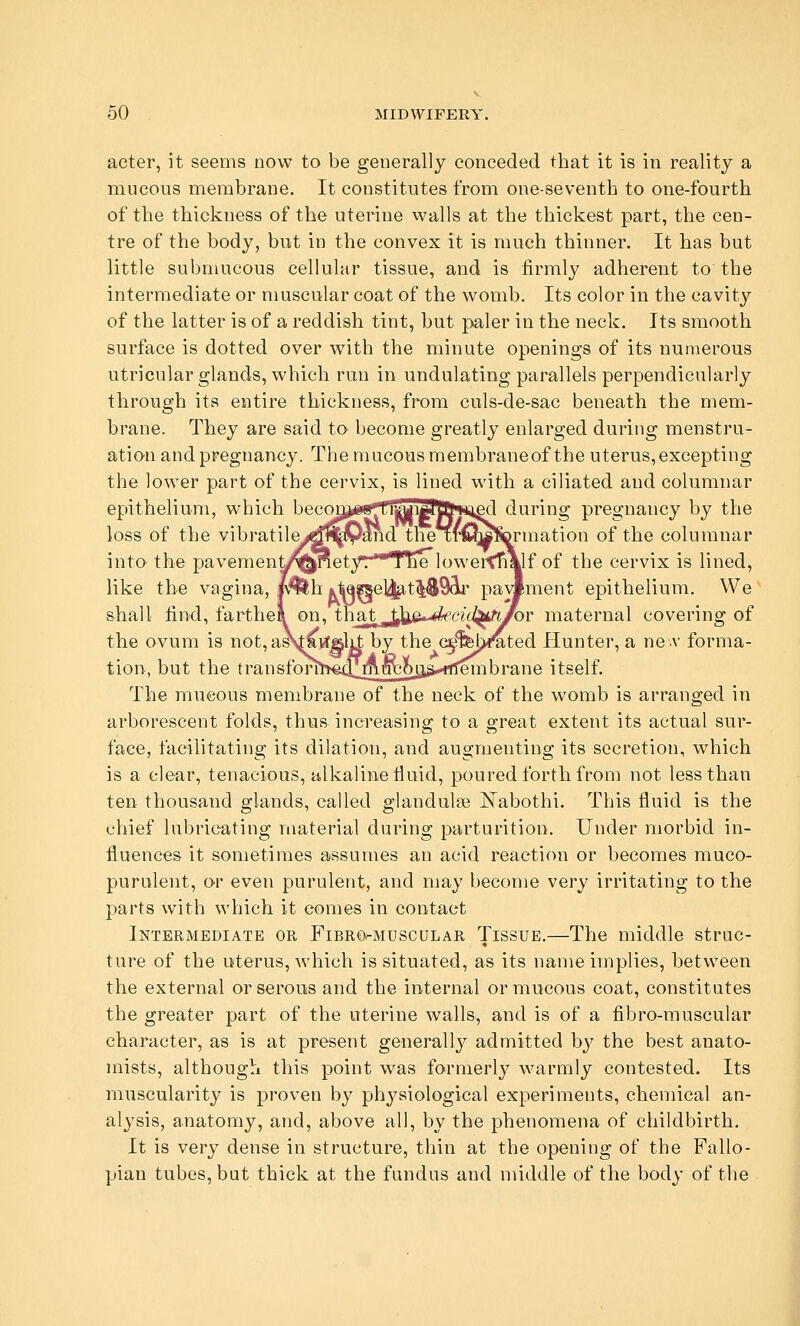 acter, it seems now to be generally conceded that it is in reality a mucous membrane. It constitutes from one-seventh to one-fourth of the thickness of the uterine walls at the thickest part, the cen- tre of the body, but in the convex it is much thinner. It has but little submucous cellulur tissue, and is firmly adherent to the intermediate or nmscular coat of the womb. Its color in the cavity of the latter is of a reddish tint, but paler in the neck. Its smooth surface is dotted over with the minute openings of its numerous utricular glands, which run in undulating parallels perpendicularly through its entire thickness, from culs-de-sac beneath the mem- brane. They are said to become greatly enlarged during menstru- ation and pregnancy. The mucous membrane of the uterus, excepting the lower part of the cervix, is lined with a ciliated and columnar epithelium, which becon^**' Lij^ijPCfrf^ed during pregnancy by the loss of the vibratilej^^^and the rr^^jA&rmation of the columnar intO' the pavemen^^etyr**T^ie lowei<ti\lf of the cervix is lined, like the vagina, pfeh »t9«sel(^t^^93j.' pa^^ment epithelium. We shall find, farthen on, tliat^j^iie-*k(?«^^it?yor maternal covering of the ovum is not, a^Rvtslil by the a^'fel>*'ated Hunter, a ne.v forma- tion, but the transfomt€4Imncoj3>&.»tfTernbrane itself. The mucous membrane of the neck of the womb is arranged in arborescent folds, thus increasing to a great extent its actual sur- face, facilitating its dilation, and augmenting its secretion, which is a clear, tenacious, alkaline tiuid, poured forth from not less than ten thousand glands, called glandulge jSTabothi. This fluid is the chief lubricating material during parturition. Under morbid in- fluences it sometimes assumes an acid reaction or becomes muco- purulent, or even purulent, and may beconie very irritating to the parts with which it comes in contact Intermediate or Fibro-muscular Tissue.—The middle struc- ture of the uterus, which is situated, as its name implies, between the external or serous and the internal or mucous coat, constitutes the greater part of the uterine walls, and is of a fibro-muscular character, as is at present generally admitted by the best anato- mists, although this point was formerly warmly contested. Its muscularity is proven by ph^'^siological experiments, chemical an- alysis, anatomy, and, above all, by the phenomena of childbirth. It is very dense in structure, thin at the opening of the Fallo- pian tubes, but thick at the fundus and middle of the body of the