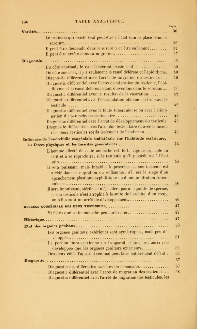 Pages. Variétés 36 Le testicule qui existe seul peut être à l'état sain et placé dans le scrotum 36 Il peut être descendu dans le scrolum et être enflammé 37 Il peut être arrêté dans sa migration 37 Diagnostic • • • 38 Du côté anormal, le canal déférent existe seul 39 Du côté anormal, il y a seulement le canal déférent et l'épididyme. 40 Diagnostic différentiel avec l'arrêt de migration du testicule 40 Diagnostic différentiel avec l'arrêt de migration du testicule, l'épi- didyme et le canal déférent étant descendus dans le scrotum... 41 Diagnostic diff'érentiel avec le résultat de la castration 42 Diagnostic différentiel avec l'émasculation obtenue en froissant le testicule 42 Diagnostic différentiel avec la fonte tuberculeuse ou avec l'élimi- nation du parenchyme testiculaire 42 Diagnostic différentiel avec l'arrêt de développement du testicule. 43 Diagnostic différentiel avec l'atrophie testiculaire et avec la fusion des deux testicules sortis isolément de l'abdomen 43 Influence de l'anorcbidie congéniale unilatérale sur l'habitude extérieure, les forces physiques et les facuUés génératrices 45 L'homme affecté de cette anomalie est fort, vigoureux, apte au coït et à se reproduire, si le testicule qu'il possède est à l'état sain 45 Il sera puissant, mais inhabile à procréer, si son testicule est arrêté dans sa migration ou enflammé; s'il est le siège d'un épanchement plastique syphilitique ou d'une infiltration tuber- culeuse 46 Il sera impuissant, stérile, et n'éjaculera pas une goutte de sperme, si son testicule s'est atrophié à la suite de l'orchite, d'un coup, ou s'il a subi un arrêt de développement 46 ABSENCE CONGÉNIALE DES DEUX TESTICULES 47 Variétés que cette anomalie peut présenter 47 Historique *7 État des organes génitaux 50 Les organes génitaux extérieurs sont symétriques, mais peu dé- veloppés 51 La portion intra-pelvienne de l'appareil séminal est aussi peu développée que les organes génitaux extérieurs 53 Des deux côtés l'appareil séminal peut faire entièrement défaut.. 57 Diagnostic 57 Diagnostic des différentes variétés de l'anomalie 57 Diagnostic différentiel avec l'arrêt de migration des testicules... 58 Diagnostic différentiel avec l'arrêt de migration des testicules, les