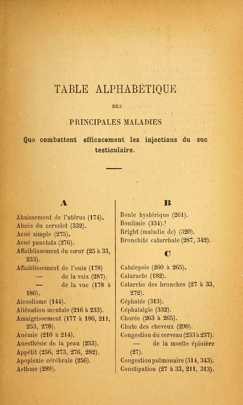 TABLE ALPHABÉTIQUE PRINCIPALES MALADIES Que combattent efficacement les injections du suc testiculaire. Abaissement de l'utérus (174). Abcès du cervelet (332). Acné simple (275). Acné panctata (276). Affaiblissement du cœur (23 à 33, 233). Affaiblissement de l'ouïe (178) — de la voix (287). — de la vue (178 à 186). Alcoolisme (144). Aliénation mentale (216 à 233). Amaigrissement (177 à 186, 211, 253, 278). Anémie (210 à 214). Anesthésie de la peau (253). Appétit (256, 273, 276, 282). Apoplexie cérébrale (256). Asthme Boule hystérique (261). Boulimie (334).' Bright (maladie de) (320). Bronchite catarrhale (287, 342). C Catalepsie (260 à 265). Cataracte (182). Catarrhe des bronches (27 à 33, 272). Céphalée (313). Céphalalgie (332). Chorée (263 à 265). Chute des cheveux (290). Congestion du cerveau (233 à 237). — de la moelle épinière (27). Congestion pulmonaire (314,343). Constipation (27 à 33, 211, 313).