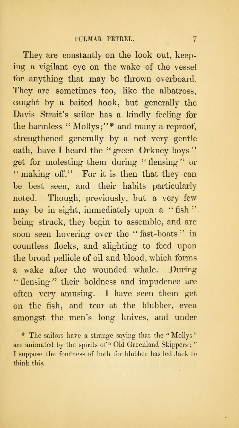 They are constantly on the look out, keep- ing a vigilant eye on the wake of the vessel for anything that may be thrown overboard. They are sometimes too, like the albatross, caught by a baited hook, but generally the Davis Strait's sailor has a kindly feeling for the harmless  Mollys;* and many a reproof, strengthened generally by a not very gentle oath, have I heard the  green Orkney boys ' get for molesting them during flensing or  making off. For it is then that they can be best seen, and their habits particularly noted. Though, previously, but a very few may be in sight, immediately upon a fish' being struck, they begin to assemble, and are soon seen hovering over the fast-boats in countless flocks, and alighting to feed upon the broad pellicle of oil and blood, which forms a wake after the wounded whale. During flensing their boldness and impudence are often very amusing. I have seen them get on the fish, and tear at the blubber, even amongst the men's long knives, and under * The sailors have a strange saying that the  Mollys are animated hy the spirits of Old Greenland Skippers ;  I suppose the fondness of both for blubber has led Jack to think this.