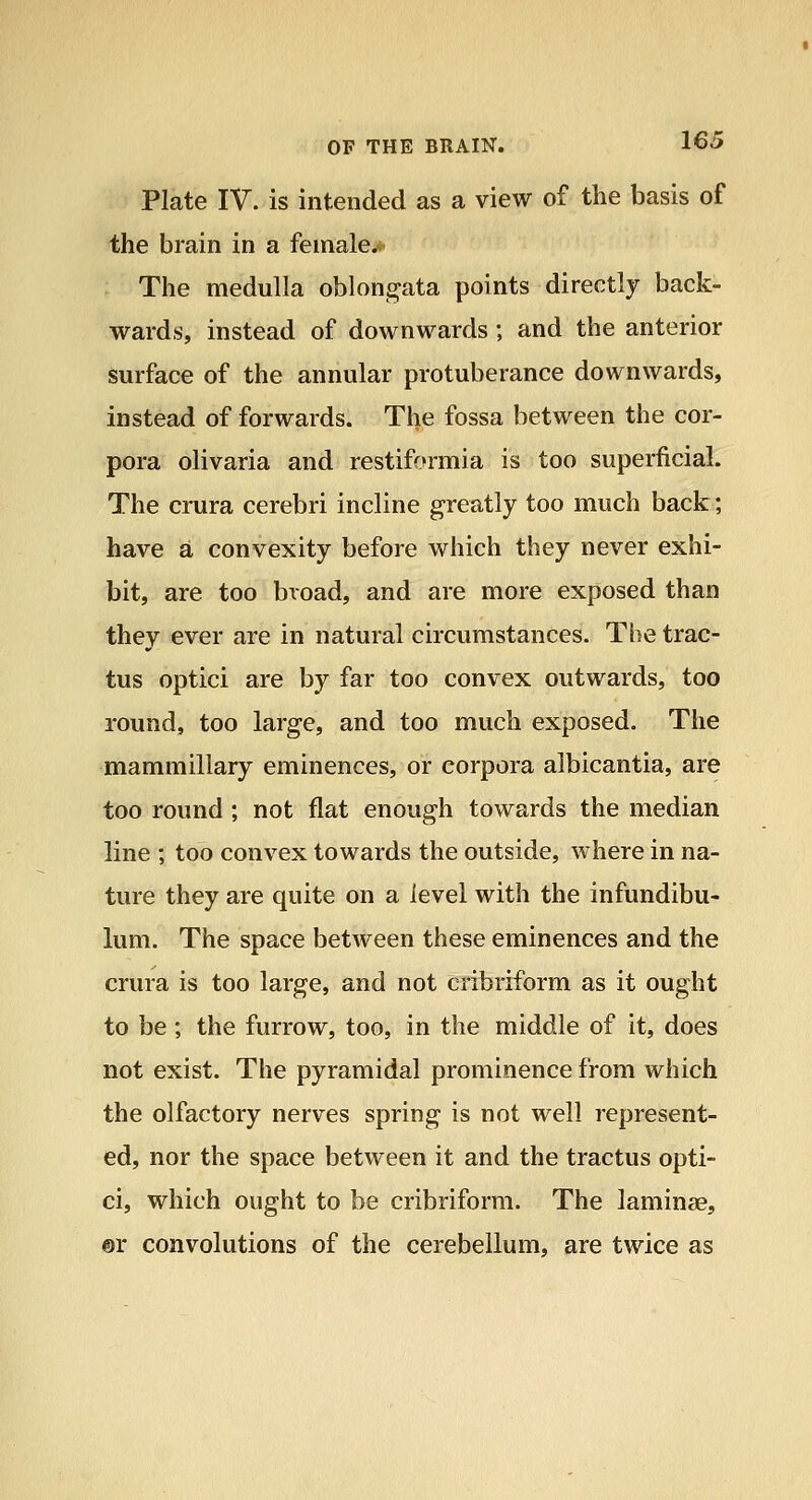 Plate IV. is intended as a view of the basis of the brain in a females The medulla oblone^ata points directly back- wards, instead of downwards; and the anterior surface of the annular protuberance downwards, instead of forwards. The fossa between the cor- pora olivaria and restifr'rmia is too superficial. The crura cerebri incline greatly too much back; have a convexity before which they never exhi- bit, are too broad, and are more exposed than they ever are in natural circumstances. The trac- tus optici are by far too convex outwards, too round, too large, and too much exposed. The mammillary eminences, or corpora albicantia, are too round; not flat enough towards the median line ; too convex towards the outside, where in na- ture they are quite on a level with the infundibu- lum. The space between these eminences and the crura is too large, and not cribriform as it ought to be; the furrow, too, in the middle of it, does not exist. The pyramidal prominence from which the olfactory nerves spring is not well represent- ed, nor the space between it and the tractus opti- ci, which ought to be cribriform. The laminae, ®r convolutions of the cerebellum, are twice as