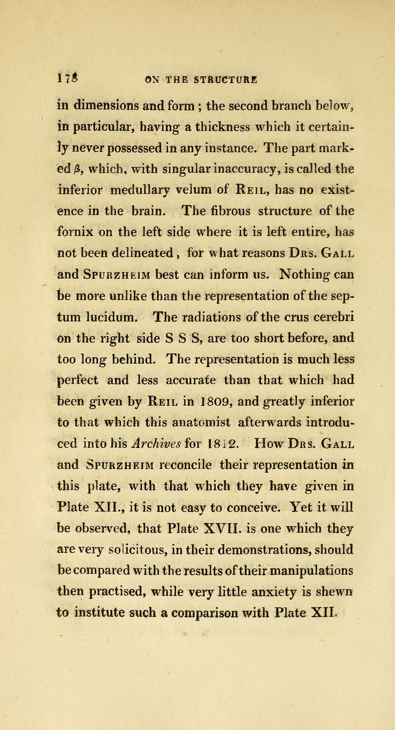 in dimensions and form; the second branch below, in particular, having a thickness which it certain- ly never possessed in any instance. The part mark- ed iS, which, with singular inaccuracy, is called the inferior medullary velum of Reil, has no exist- ence in the brain. The fibrous structure of the fornix on the left side where it is left entire, has not been delineated, for what reasons Drs. Gall and Spurzheim best can inform us. Nothing can be more unlike than the representation of the sep- tum lucidum. The radiations of the crus cerebri on the right side S S S, are too short before, and too long behind. The representation is much less perfect and less accurate than that which had been given by Reil in 1809, and greatly inferior to that which this anatomist afterwards introdu- ced into his Archives for 1812. How Drs. Gall and Spurzheim reconcile their representation in this plate, with that which they have given in Plate XII., it is not easy to conceive. Yet it will be observed, that Plate XVII. is one which they are very solicitous, in their demonstrations, should be compared with the results of their manipulations then practised, while very little anxiety is shewn to institute such a comparison with Plate XII.