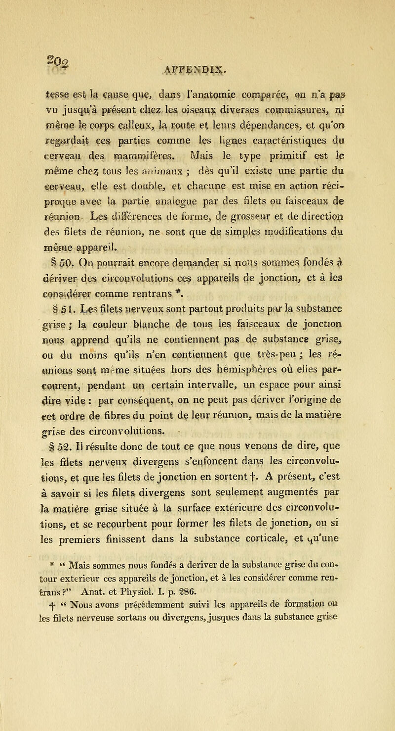 2p« APPENDIX. tesse est la G^use que, dans I'anatomie compajee, on n'a pas^ vu JLisqu'a present chez les. oiseau^ diverses cprorpissures, ni menae ^e corps ealleux, la route et leurs dependances, et qu'on regardait ces parties comme les llgnes ca^acterisriques du cerveau des maramifercs. Mais le type primitif est le meme che;? tous les aiiiraaus ; des qu'il existe une partie du cerveau, elle est double, et chacune est mise en action reci- proque avec la partie analogue par des filets ou faisceaux de reunion. Les differences, de fbrnie, de grosseur et de direction des filets de reunion, ne sont que de sirnples rnodifications du Kierae appareil. §. 50. On pourrajit encode demander si nous sornnoe^ fondes a deriver des circonvolutions ces appareils de jonction, et a les eonsiderer coname rentrans *. § §1. Les filets jierveux sont partout produits paj la substance grise; la couleur blanche de tous les faisceaux de jonction nous apprend qu'ils ne contiennent pas de substance grise, ou du moms qu'ils n'en contiennent que tres-peu; les re- unions sont meme situees hors des hemispheres ou elies par- courent, pendant un certain intervalle, un espace pour ainsi dire vide : par consequent, on ne peut pas deriver I'origine de eet ordre de fibres du point de leur reunion, mais de la matiere grise des circonvolutions. § 52. II resulte done de tout ce que nous venons de dire, que les filets nerveux divergens s'enfoncent dans les circonvolu- tions, et que les filets de jonction en sortentf. A present, c'est a savoir si les filets divergens sont seulemept augmentes par la matiere grise situee a la surface exterieure des circonvolu- tions, et se recourbent pour former les filets de jonction, ou si les premiers finissent dans la substance corticale, et qu'une •  Mais sonunes nous fondes a deriver de la substance grise du con» tour exterieur ces appareils de jonction, et a les considerer comme ren- trans ? Anat. et Physiol. I. p. 286. •j- '* Nous avons precedemment suivi les appareils de formation ou les filets nerveuse sortans ou divergens, jusques dans la substance grise