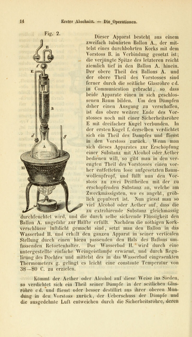 Dieser Apparat besteht aus einem zweifach tubulirten Ballon A., der mit- telst eines durchbohrten Korks mit dem Vorstoss B. in Verbindung gesetzt ist; die verjüngte Spitze des letzteren reicht ziemlich tief in den Ballon A. hinein. Der obere Theil des Ballons A. und der obere Theil des Vorstosses sind ferner durch die seitliche Glasröhre cd. in Communication gebracht, so dass beide Apparate einen in sich geschlos- senen Raum bilden. Um den Dämpfen daher einen Ausgang zu verschaffen, ist das obere weitere Ende des Vor- stosses noch mit einer Sicherheitsröhre E mit dreifacher Kugel verbunden. In der ersten Kugel f. derselben verdichtet sich ein Theil des Dampfes und fliesst in den Vorstoss zurück. Wenn man sich dieses Apparates zur Erschöpfung einer Substanz mit Alcohol oder Aether bedienen will, so gibt man in den ver- engten Theil des Vorstosses einen vor- her entfetteten lose aufgesetzten Baum- wollenpfropf, und füllt nun den Vor- stoss zu zwei Drittheilen mit der zu erschöpfenden Substanz an, welche am Zweckmassigsten, wo es angeht, gröb- lich gepulvert ist. Nun giesst man so viel Alcohol oder Aether auf, dass die zu extrahirende Substanz gleichmässig und die durch selbe zur Hälfte erfüllt. den sickernde Flüssigkeit Nachdem die nöthigen Kork- luftdicht gemacht sind, setzt man den Ballon in das durchfeuchtet wird, Ballon A. ungefähr verschlusse Wasserbad H. und erhalt den ganzen Apparat in seiner verticalen Stellung durch einen hiezu passenden den Hals des Ballons um- fassenden Rctortenhalter. Das Wasserbad H. wird durch eine untergestellte einfache Wcingeistlampe erwärmt, und durch Rcgu- liruno-des Dochtes und mittelst des in das Wasserbad eingesenkten Thermometers g. gelingt es leicht eine constante Temperatur von 38—80 C. zu erzielen. Kömmt der Aether oder Alcohol auf diese Weise ins Sieden, so verdichtet sich ein Theil seiner Dämpfe in der seitlichen Glas- röhre c d. und fliesst oder besser destillirt aus ihrer oberen Mün- dung in den Vorstoss zurück, der Ueberschuss der Dämpfe und die ausgedehnte Luft entweichen durch die Sicherheitsröhre, deren