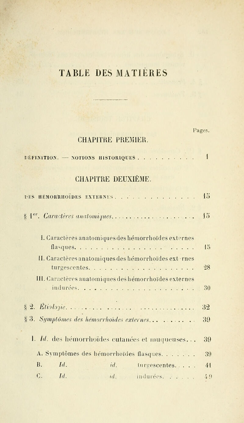 TABLE DES MATIERES Pages. CHAPITRE PREMIER. DÉFINITION. — NOTIONS HISTORIQUES I CHAPITRE DEUXIÈME. DES HÉMORIIHOÏDES EXTERNES. . 15 | 1er. Caractères anatomiques 15 I. Caractères anatomiquesdeshéraorrhoïdes externes flasques 15 II. Caractères anatomiquesdes hémorrhoïdes ext mes turgescentes u28 III. Caractères anatomiques des hémorrhoïdes externes indurées 30 | 2. Êtiologie 3U2 § 3. Symptômes des hémorrhoïdes externes... ...... . . 39 1. Id. des hémorrhoïdes cutanées et muqueuses. . . 39 A. Symptômes des hémorrhoïdes flasques 39 B. Id. id. turgescentes 41 C Id. id. indurées. . .... 49