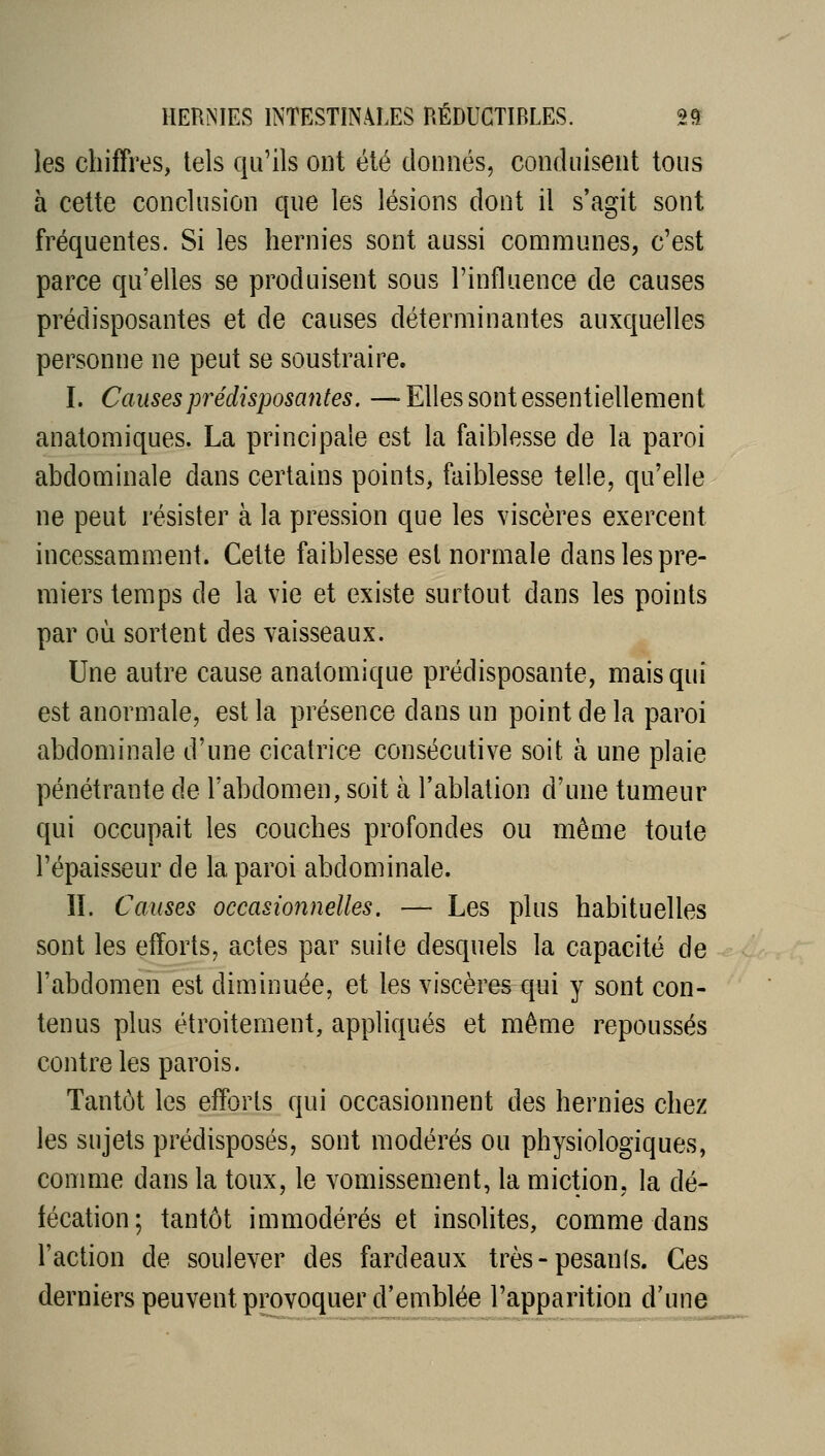 les chiffres, tels qu'ils ont été donnés, conduisent tous à cette conclusion que les lésions dont il s'agit sont fréquentes. Si les hernies sont aussi communes, c'est parce qu'elles se produisent sous l'influence de causes prédisposantes et de causes déterminantes auxquelles personne ne peut se soustraire. I. Causes prédisposantes. —-Elles sont essentiellement anatomiques. La principale est la faiblesse de la paroi abdominale dans certains points, faiblesse telle, qu'elle ne peut résister à la pression que les viscères exercent incessamment. Cette faiblesse est normale dans les pre- miers temps de la vie et existe surtout dans les points par où sortent des vaisseaux. Une autre cause anatomique prédisposante, mais qui est anormale, est la présence dans un point de la paroi abdominale d'une cicatrice consécutive soit à une plaie pénétrante de l'abdomen, soit à l'ablation d'une tumeur qui occupait les couches profondes ou même toute l'épaisseur de la paroi abdominale. II. Causes occasionnelles, — Les plus habituelles sont les efforts, actes par suite desquels la capacité de l'abdomen est diminuée, et les viscères qui y sont con- tenus plus étroitement, appliqués et même repoussés contre les parois. Tantôt les efforts qui occasionnent des hernies chez les sujets prédisposés, sont modérés ou physiologiques, comme dans la toux, le vomissement, la miction, la dé- fécation; tantôt immodérés et insolites, comme dans l'action de soulever des fardeaux très-pesants. Ces derniers peuvent provoquer d'emblée l'apparition d'une