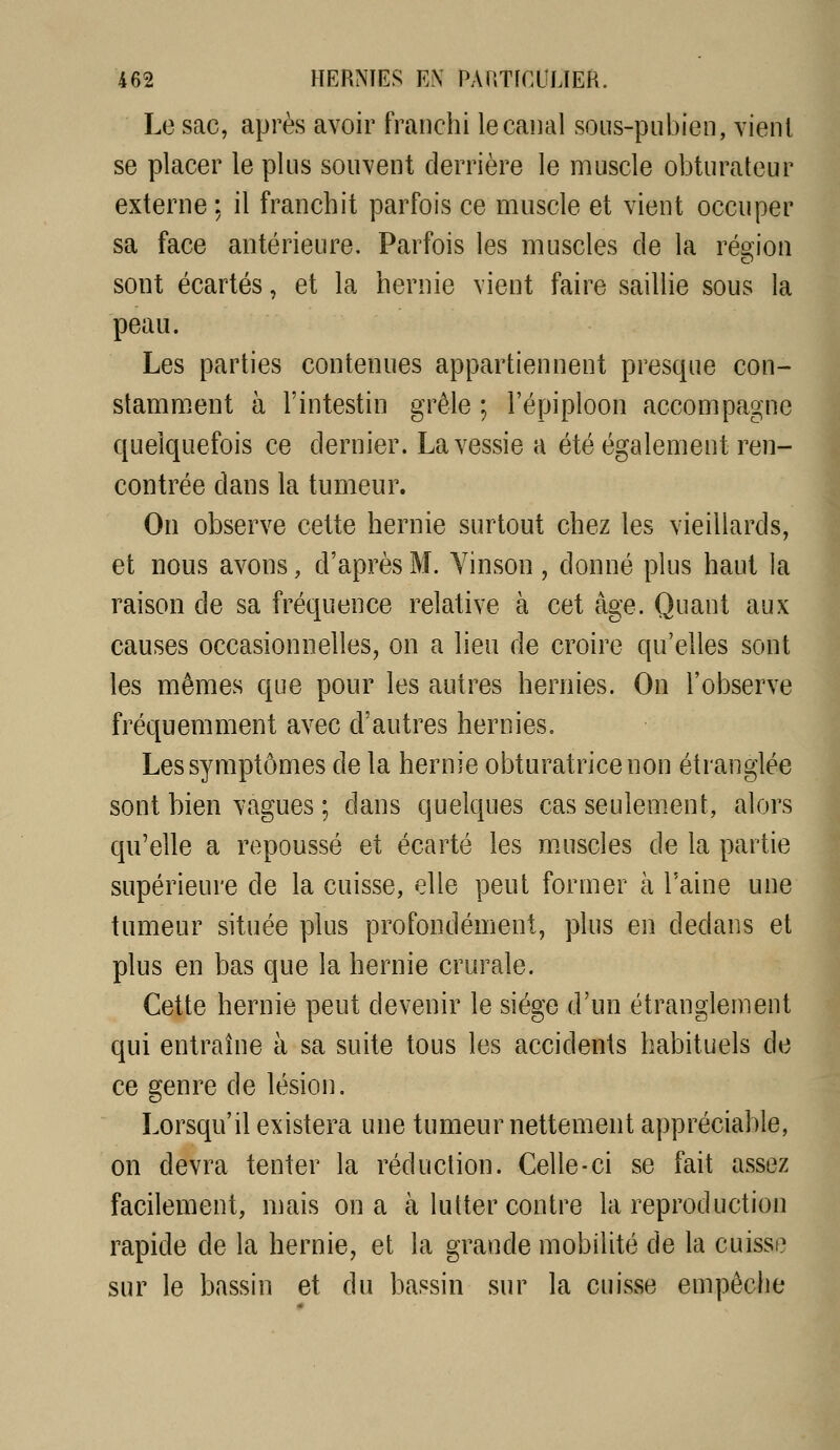 Le sac, après avoir franchi le canal sous-pnbien, vient se placer le plus souvent derrière le muscle obturateur externe : il franchit parfois ce muscle et vient occuper sa face antérieure. Parfois les muscles de la réoion sont écartés, et la hernie vient faire saillie sous la peau. Les parties contenues appartiennent presque con- stamment à l'intestin grêle ; Fépiploon accompagne quelquefois ce dernier. La vessie a été également ren- contrée dans la tumeur. On observe cette hernie surtout chez les vieillards, et nous avons, d'après M. Vinson, donné plus haut la raison de sa fréquence relative à cet âge. Quant aux causes occasionnelles, on a lieu de croire qu'elles sont les mêmes que pour les autres hernies. On l'observe fréquemment avec d'autres hernies. Les symptômes de la hernie obturatrice non étranglée sont bien vagues ; dans quelques cas seulement, alors qu'elle a repoussé et écarté les m.uscles de la partie supérieure de la cuisse, elle peut former à l'aine une tumeur située plus profondément, plus en dedans et plus en bas que la hernie crurale. Cette hernie peut devenir le siège d'un étranglement qui entraîne à sa suite tous les accidents habituels de ce genre de lésion. Lorsqu'il existera une tumeur nettement appréciable, on devra tenter la réduction. Celle-ci se fait assez facilement, mais on a à lutter contre la reproduction rapide de la hernie, et la grande mobilité de la cuisse sur le bassin et du bassin sur la cuisse empêche