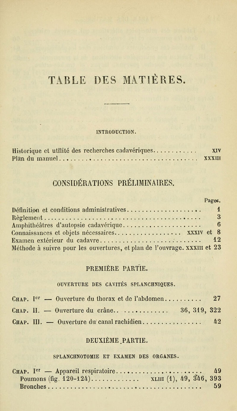 INTRODUCTION. Historique et utilité des recherches cadavériques Xiv Plan du manuel xxxin CONSIDÉRATIONS PRELIMINAIRES. Pages. Définiticm et conditions administratives 1 Règlement 3 Amphithéâtres d'autopsie cadavérique 6 Connaissances et objets nécessaires xxxiv et 8 Examen extérieur du cadavre 12 Méthode à suivre pour les ouvertures, et plan de l'ouvrage, xxxiii et 23 PREMIÈRE PARTIE. OUVERTURE DES CA.VITÉS SPLANCHNIQUES. Chap. F' — Ouverture du thorax et de l'abdomen 27 Chap. II. — Ouverture du crâne 36, 319, 322 Chap. III. — Ouverture du' canal rachidien 42 DEUXIÈME .PARTIE, SPLANGHNOTOMIE ET EXAMEN DES ORGANES. Chap. P' — Appareil respiratoire 49 Poumons (fig. 120-124) XLiii (1), 49, 3^6, 393 Bronches 59
