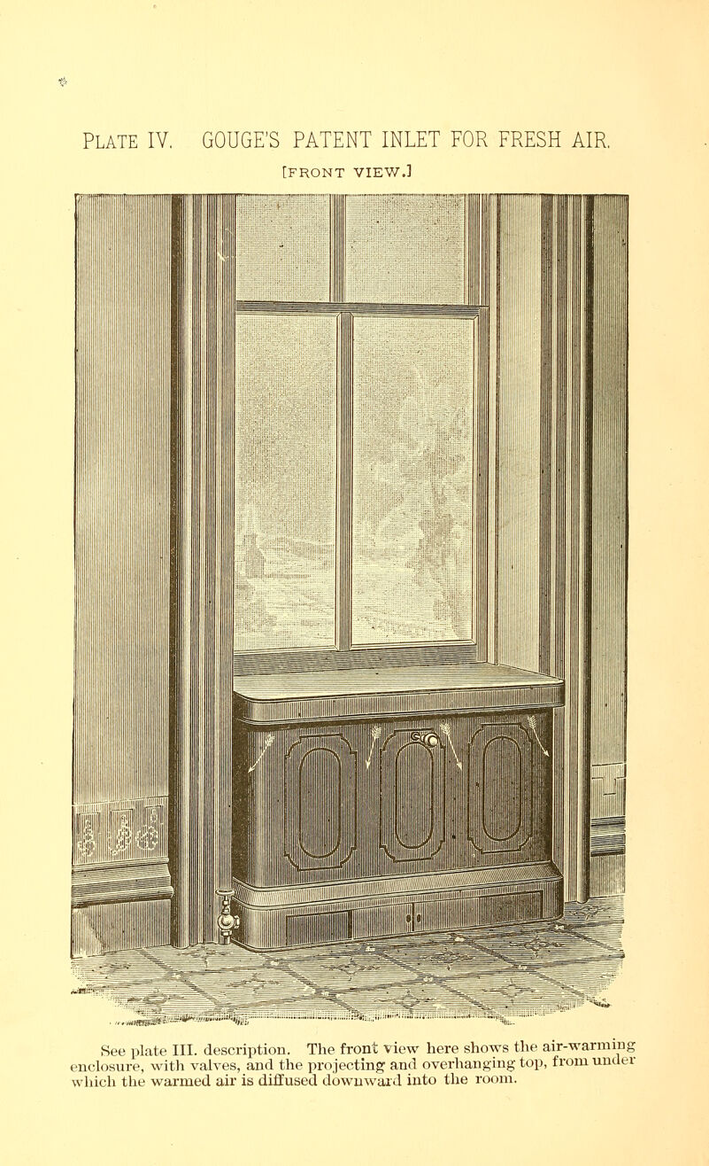 [FRONT VIEW.] See plate III. description. The front view here shows the air-warming enclosure, with valves, and the projecting and overhanging top, from under which the warmed air is diffused downward into the room.