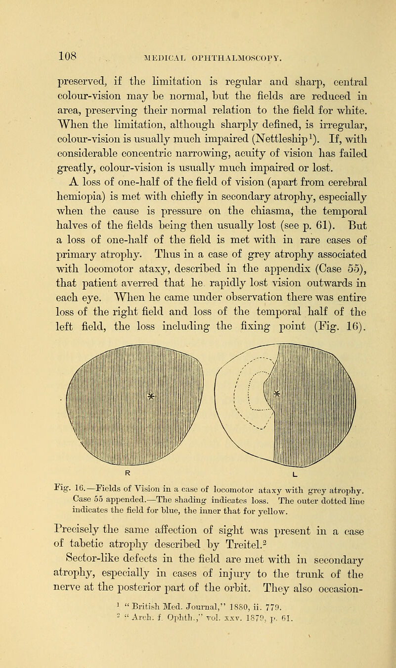 preserved, if the limitation is regular and sharp, central colour-vision may be normal, but the fields are reduced in area, preserving their normal relation to the field for white. When the limitation, although sharply defined, is irregular, colour-vision is usually much impaired (Nettleship1). If, with considerable concentric narrowing, acuity of vision has failed greatly, colour-vision is usually much impaired or lost. A loss of one-half of the field of vision (apart from cerebral hemiopia) is met with chiefly in secondary atrophy, especially when the cause is pressure on the chiasma, the temporal halves of the fields being then usually lost (see p. 61). But a loss of one-half of the field is met with in rare cases of primary atrophy. Thus in a case of grey atrophy associated with locomotor ataxy, described in the appendix (Case 55), that patient averred that he rapidly lost vision outwards in each eye. When he came under observation there was entire loss of the right field and loss of the temporal half of the left field, the loss including the fixing point (Fig. 16). Fig. 16.—Fields of Vision in a case of locomotor ataxy with grey atrophy. Case 55 appended.—The shading indicates loss. The outer dotted line indicates the field for blue, the inner that for yellow. Precisely the same affection of sight was present in a case of tabetic atrophy described by Treitel.3 Sector-like defects in the field are met with in secondary atrophy, especially in cases of injury to the trunk of the nerve at the posterior part of the orbit. They also occasion- 1 British Med. Journal, 1880, ii. 779. 2 Arch. f. Ophth., vol. i.w. 1870, p. 61.