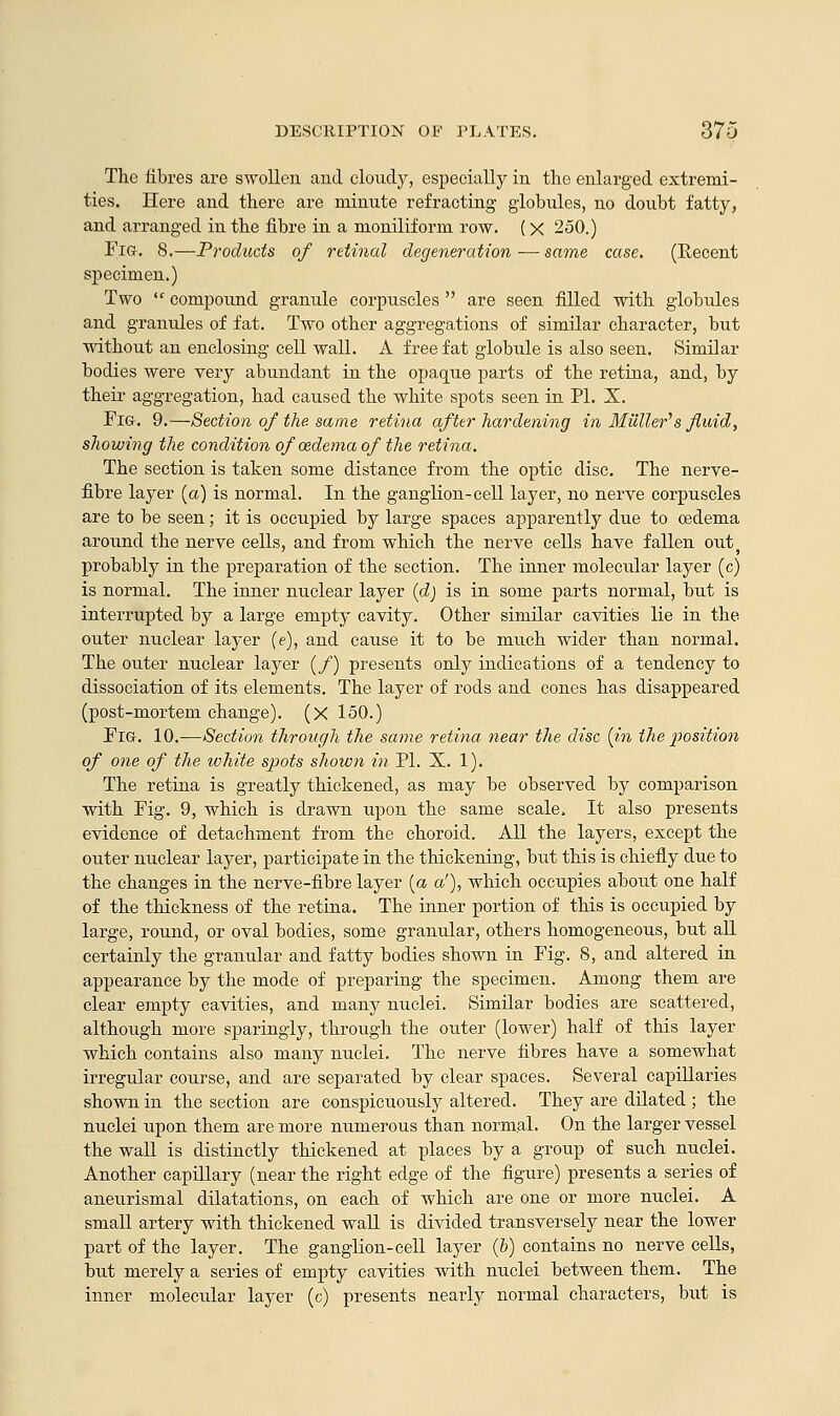 The fibres are swollen and cloudy, especially in the enlarged extremi- ties. Here and there are minute refracting globules, no doubt fatty, and arranged in the fibre in a moniliform row. (x 250.) Fig. 8.—Products of retinal degeneration — same case. (Recent specimen.) Two lc compound granule corpuscles  are seen filled with globules and granules of fat. Two other aggregations of similar character, but without an enclosing cell wall. A free fat globule is also seen. Similar bodies were very abundant in the opaque parts of the retina, and, by their aggregation, had caused the white spots seen in PI. X. Fig. 9.—Section of the same retina after hardening in Mailer's fluid, showing the condition of oedema of the retina. The section is taken some distance from the optic disc. The nerve- fibre layer (a) is normal. In the ganglion-cell layer, no nerve corpuscles are to be seen; it is occupied by large spaces apparently due to oedema around the nerve cells, and from which the nerve cells have fallen out) probably in the preparation of the section. The inner molecular layer (c) is normal. The inner nuclear layer (d) is in some parts normal, but is interrupted by a large empty cavity. Other similar cavities lie in the outer nuclear layer (e), and cause it to be much wider than normal. The outer nuclear layer (/) presents only indications of a tendency to dissociation of its elements. The layer of rods and cones has disappeared (post-mortem change). (X 150.) Pig. 10.—Section through the same retina near the disc (in the position of one of the white spots shown in PL X. 1). The retina is greatly thickened, as may be observed by comparison with Fig. 9, which is drawn upon the same scale. It also presents evidence of detachment from the choroid. All the layers, except the outer nuclear layer, participate in the thickening, but this is chiefly due to the changes in the nerve-fibre layer (a a'), which occupies about one half of the thickness of the retina. The inner portion of this is occupied by large, round, or oval bodies, some granular, others homogeneous, but all certainly the granular and fatty bodies shown in Fig. 8, and altered in appearance by the mode of preparing the specimen. Among them are clear empty cavities, and many nuclei. Similar bodies are scattered, although more sparingly, through the outer (lower) half of this layer which contains also many nuclei. The nerve fibres have a somewhat irregular course, and are separated by clear spaces. Several capillaries shown in the section are conspicuously altered. They are dilated ; the nuclei upon them are more numerous than normal. On the larger vessel the wall is distinctly thickened at places by a group of such nuclei. Another capillary (near the right edge of the figure) presents a series of aneurismal dilatations, on each of which are one or more nuclei. A small artery with thickened wall is divided transversely near the lower part of the layer. The ganglion-cell layer (b) contains no nerve cells, but merely a series of empty cavities with nuclei between them. The inner molecular layer (c) presents nearly normal characters, but is