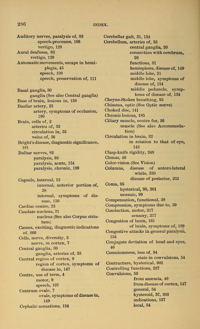 Auditory nerves, paralysis of, 83 speech-processes, 106 vertigo, 128 Aural deafness, 83 vertigo, 128 Automatic movements, escape in hemi- plegia, 45 speech, 108 speech, preservation of, 111 Basal ganglia, 30 ganglia (See also Central ganglia) Base of brain, lesions in, 158 Basilar artery, 35 artery, symptoms of occlusion, 190 Brain, cells of, 3 arteries of, 33 circulation in, 32 veins of, 36 Bright's disease, diagnostic significance, 181 Bulbar nerves, 82 paralysis, 93 paralysis, acute, 154 paralysis, chronic, 199 Capsule, internal, 12 internal, anterior portion of, 28 internal, symptoms of dis- ease, 150 Cardiac centre, 23 Caudate nucleus, 31 nucleus (See also Corpus stria- tum) Causes, exciting, diagnostic indications of, 266 Cells, nerve, diversity, 2 nerve, in cortex, 7 Central ganglia, 30 ganglia, arteries of, 33 Central region of cortex, 9 region of cortex, symptoms of disease in, 147 Centre, use of term, 4 motor, 9 speech, 107 Centrum ovale, 7 ovale, symptoms of disease in, 149 Cephalic sensations, 124 Cerebellar gait, 31, 154 Cerebellum, arteries of, 35 central ganglia, 80 connection with cerebrum, 28 functions, 31 hemisphere, disease of, 149 middle lobe, 31 middle lobe, symptoms of disease of, 154 middle peduncle, symp- toms of disease of, 154 Cheyne-Stokes breathing, 95 Chiasma, optic (See Optic nerve) Choked disc, 141 Chronic lesions, 185 Ciliary muscle, centre for, 26 muscle (See also Accommoda- tion) Circulation in brain, 32 in relation to that of eye, 142 Clasp-knife rigidity, 248 Clonus, 46 Color-vision (See Vision) Columns, disease of antero-lateral white, 250 disease of posterior, 353 Coma, 95 hysterical, 98, 301 uraemic, 99 Compensation, functional, 38 Compression, symptoms due to, 39 Conduction, motor, 217 sensory, 217 Congestion of brain, 161 of brain, symptoms of, 189 Congestive attacks in general paralysis, 134 Conjugate deviation of head and eyes, 46 Consciousness, loss of, 94 state in convulsions, 54 Contracture, hysterical, 202 Controlling functions, 237 Convulsions, 53 from anaemia, 40 from disease of cortex, 14T general, 54 hysteroid, 57, 203 indications, 157 local, 54