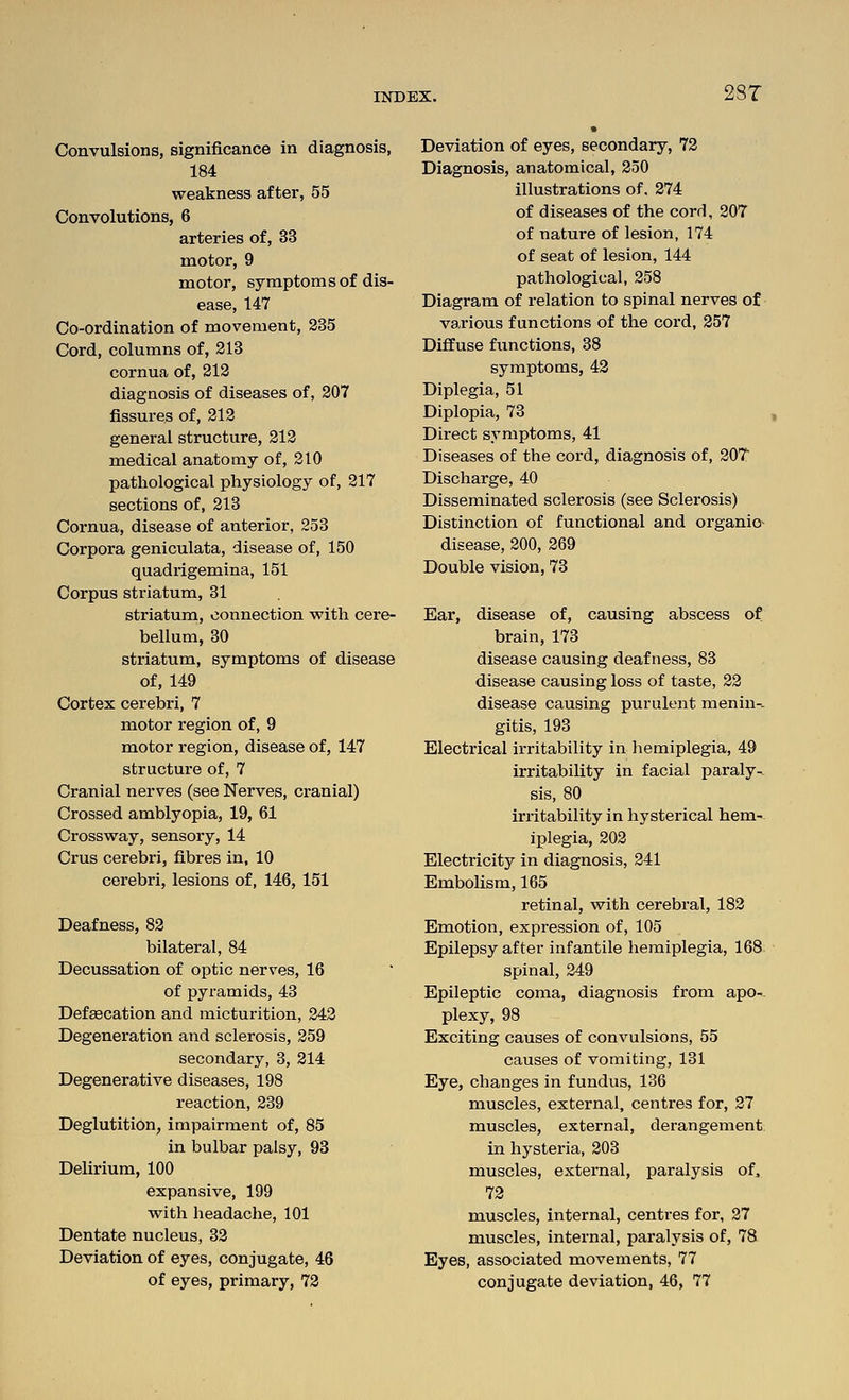 28T Convulsions, significance in diagnosis, 184 weakness after, 55 Convolutions, 6 arteries of, 33 motor, 9 motor, symptoms of dis- ease, 147 Co-ordination of movement, 285 Cord, columns of, 213 cornua of, 212 diagnosis of diseases of, 207 fissures of, 212 general structure, 212 medical anatomy of, 210 pathological physiology of, 217 sections of, 218 Cornua, disease of anterior, 253 Corpora geniculata, disease of, 150 quadrigemina, 151 Corpus striatum, 31 striatum, connection with cere- bellum, 80 striatum, symptoms of disease of, 149 Cortex cerebri, 7 motor region of, 9 motor region, disease of, 147 structure of, 7 Cranial nerves (see Nerves, cranial) Crossed amblyopia, 19, 61 Crossway, sensory, 14 Crus cerebri, fibres in, 10 cerebri, lesions of, 146, 151 Deafness, 82 bilateral, 84 Decussation of optic nerves, 16 of pyramids, 43 Defaecation and micturition, 242 Degeneration and sclerosis, 259 secondary, 3, 214 Degenerative diseases, 198 reaction, 239 Deglutition, impairment of, 85 in bulbar palsy, 93 Delirium, 100 expansive, 199 with headache, 101 Dentate nucleus, 32 Deviation of eyes, conjugate, 46 of eyes, primary, 72 Deviation of eyes, secondary, 72 Diagnosis, anatomical, 250 illustrations of, 274 of diseases of the cord, 207 of nature of lesion, 174 of seat of lesion, 144 pathological, 258 Diagram of relation to spinal nerves of various functions of the cord, 257 Diffuse fimctions, 88 symptoms, 42 Diplegia, 51 Diplopia, 73 Direct symptoms, 41 Diseases of the cord, diagnosis of, 207 Discharge, 40 Disseminated sclerosis (see Sclerosis) Distinction of functional and organic^ disease, 200, 269 Double vision, 73 Ear, disease of, causing abscess of brain, 173 disease causing deafness, 83 disease causing loss of taste, 22 disease causing purulent menin-- gitis, 198 Electrical irritability in hemiplegia, 49 irritability in facial paraly-. sis, 80 irritability in hysterical hem-- iplegia, 202 Electricity in diagnosis, 241 Embolism, 165 retinal, with cerebral, 182 Emotion, expression of, 105 Epilepsy after infantile hemiplegia, 168 spinal, 249 Epileptic coma, diagnosis from apo-. plexy, 98 Exciting causes of convulsions, 55 causes of vomiting, 131 Eye, changes in fundus, 136 muscles, external, centres for, 27 muscles, external, derangement. in hysteria, 203 muscles, external, paralysis of, 72 muscles, internal, centres for, 27 muscles, internal, paralysis of, 78 Eyes, associated movements, 77 conjugate deviation, 46, 77