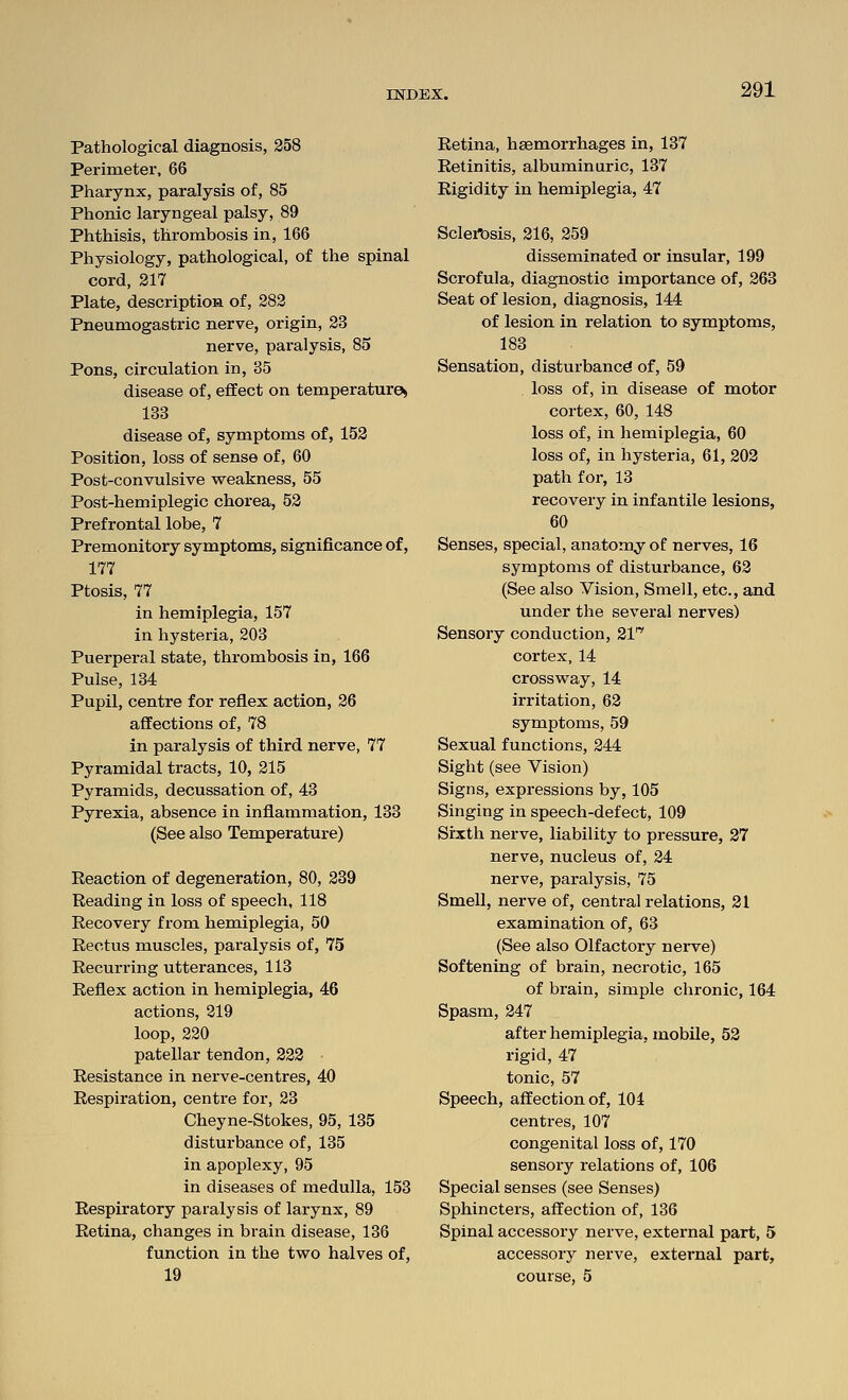 Pathological diagnosis, 258 Perimeter, 66 Pharynx, paralysis of, 85 Phonic laryngeal palsy, 89 Phthisis, thrombosis in, 166 Physiology, pathological, of the spinal cord, 217 Plate, description of, 282 Pneumogastric nerve, origin, 23 nerve, paralysis, 85 Pons, circulation in, 35 disease of, effect on temperatures 133 disease of, symptoms of, 152 Position, loss of sense of, 60 Post-convulsive vp-eakness, 55 Post-hemiplegic chorea, 52 Prefrontal lobe, 7 Premonitory symptoms, significance of, 177 Ptosis, 77 in hemiplegia, 157 in hysteria, 203 Puerperal state, thrombosis in, 166 Pulse, 134 Pupil, centre for reflex action, 26 affections of, 78 in paralysis of third nerve, 77 Pyramidal tracts, 10, 215 Pyramids, decussation of, 43 Pyrexia, absence in inflammation, 133 (See also Temperature) Reaction of degeneration, 80, 239 Reading in loss of speech, 118 Recovery from hemiplegia, 50 Rectus muscles, paralysis of, 75 Recurring utterances, 113 Reflex action in hemiplegia, 46 actions, 219 loop, 220 patellar tendon, 222 • Resistance in nerve-centres, 40 Respiration, centre for, 23 Cheyne-Stokes, 95, 135 disturbance of, 135 in apoplexy, 95 in diseases of medulla, 153 Respiratory paralysis of larynx, 89 Retina, changes in brain disease, 136 function in the two halves of, 19 Retina, haemorrhages in, 137 Retinitis, albuminuric, 137 Rigidity in hemiplegia, 47 Sclert)sis, 216, 259 disseminated or insular, 199 Scrofula, diagnostic importance of, 263 Seat of lesion, diagnosis, 144 of lesion in relation to symptoms, 183 Sensation, disturbance of, 59 loss of, in disease of motor cortex, 60, 148 loss of, in hemiplegia, 60 loss of, in hysteria, 61, 203 path for, 13 recovery in infantile lesions, 60 Senses, special, anatomy of nei-ves, 16 symptoms of disturbance, 62 (See also Vision, Smell, etc., and under the several nerves) Sensory conduction, 21'^ cortex, 14 crossway, 14 irritation, 62 symptoms, 59 Sexual functions, 244 Sight (see Vision) Signs, expressions by, 105 Singing in speech-defect, 109 Sixth nerve, liability to pressure, 27 nerve, nucleus of, 24 nerve, paralysis, 75 Smell, nerve of, central relations, 21 examination of, 63 (See also Olfactory nei^ve) Softening of brain, necrotic, 165 of brain, simple chronic, 164 Spasm, 247 after hemiplegia, mobUe, 52 rigid, 47 tonic, 57 Speech, affection of, 104 centres, 107 congenital loss of, 170 sensory relations of, 106 Special senses (see Senses) Sphincters, affection of, 136 Spinal accessory nerve, external part, 5 accessory nerve, external part, course, 5