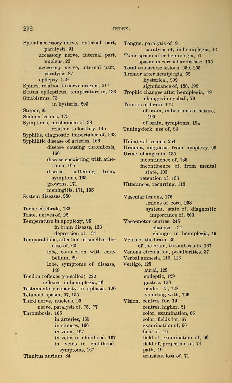 Spinal accessory nerve, external part, paralysis, 91 accessory nerve, internal part, nucleus, 23 accessory nerve, internal part, paralysis, 87 epilepsy, 249 Spines, relation to nerve origins, 211 Status epilepticus, temperature in, 133 Strabismus, 73 in hysteria, 303 Stupor, 95 Sudden lesions, 175 Symptoms, mechanism of, 38 relation to locality, 145 Syphilis, diagnostic importance of, 263 Syphilitic disease of arteries, 166 disease causing thrombosis, 166 disease coexisting with athe- roma, 165 disease, softening from, symptoms, 165 growths, 171 meningitis, 171, 195 System diseases, 250 Tache cerebrale, 135 Taste, nerves of, 22 Temperature in apoplexy, 96 in brain disease, 133 depression of, 134 Temporal lobe, affection of smell in dis- ease of, 63 lobe, connection with cere- bellum, 29 lobe, symptoms of disease, 148 Tendon reflexes (so-called), 222 reflexes, in hemiplegia, 46 Testamentary capacity in aphasia, 120 Tetanoid spasm, 57,155 Third nerve, nucleus, 25 nerve, paralysis of, 75, 77 Thrombosis, 165 in arteries, 165 in sinuses, 166 in veins, 167 in veins in childhood, 167 in veins in childhood, symptoms, 167 Tinnitus aurium, 84 Tongue, paralysis of, 91 paralysis of, in hemiplegia, 43 Tonic spasm after hemiplegia, 57 spasm, in cerebellar disease, 155 Total transverse lesions, 250, 255 Tremor after hemiplegia, 52 hysterical, 202 significance of, 188, 198 Trophic changes after hemiplegia, 49 changes in eyeball, 79 Tumors of brain, 172 of brain, indications of nature, 195 of brain, symptoms, 194 Tuning-fork, use of, 83 Unilateral lesions, 254 Uraemia, diagnosis from apoplexy, 99 Urine, changes in, 135 incontinence of, 136 incontinence of, from mental state, 103 retention of, 136 Utterances, recurring, 113 Vascular lesions, 176 lesions of cord, 258 system, state of, diagnostic importance of, 263 Vaso-motor centres, 245 changes, 134 changes in hemiplegia, 49 Veins of the brain, 36 of the brain, thrombosis in, 167 Venous circulation, peculiarities, 37 Verbal amnesia, 110, 116 Vertigo, 125 aural, 128 epileptic, 129 gastric, 128 ocular, 75, 128 vomiting with, 129 Vision, centres for, 19 centres, higher, 21 color, examination, 66 color, fields for, 67 examination of, 66 field of, 16 field of, examination of, 66 field of, projection of, 74 path, 19 transient loss of, 71