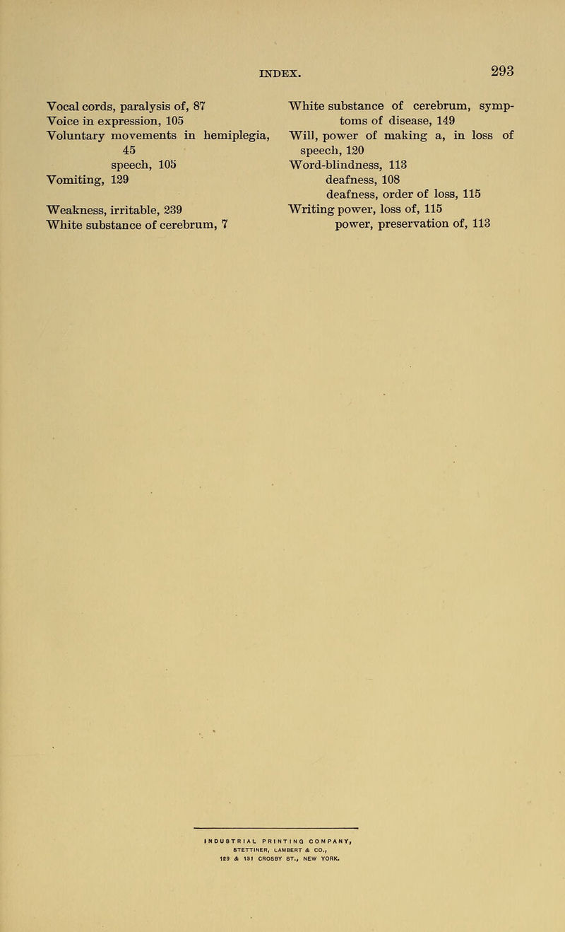 Vocal cords, paralysis of, 87 Voice in expression, 105 Voluntary movements in hemiplegia, 45 speech, 105 Vomiting, 129 Weakness, irritable, 239 White substance of cerebrum, 7 White substance of cerebrum, symp- toms of disease, 149 Will, power of making a, in loss of speech,120 Word-blindness, 113 deafness, 108 deafness, order of loss, 115 Writing power, loss of, 115 power, preservation of, 113 INDUSTRIAL PRINTING COMPANY, 8TETTINER, LAMBERT & CO,, 129 & 131 CROSBY ST., NEW YORK.