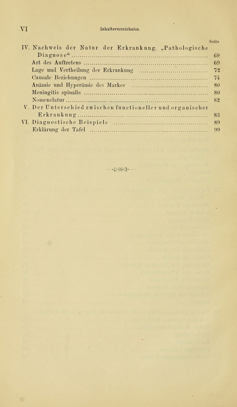 Seite IV. Nachweis der Natur der Erkrankung. ,.Pathologische Diagnose 69 Art des Auftretens 69 Lage und Vertheilung der Erkrankung 72 Causale Beziehungen 74 Anämie und Hyperämie des Markes 80 Meningitis spinalis 80 Nomenclatur 82 V. Der Unterschied zwischen functioneller und organischer Erkrankung 83 VI. Diagnostische Beispiele 89 Erklärung der Tafel ; 99
