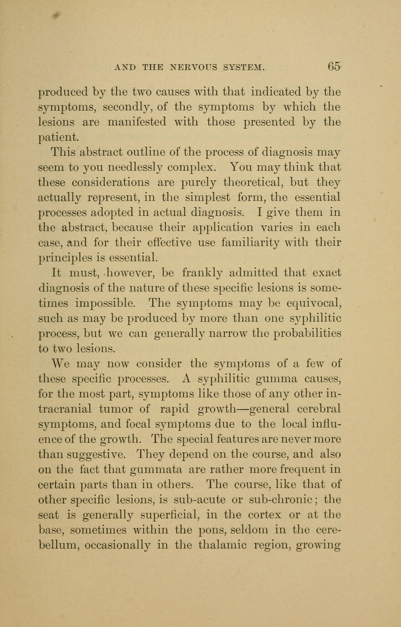 produced by the two causes with that indicated by the symptoms, secondly, of the symptoms by which the lesions are manifested with those presented by the patient. This abstract outline of the process of diagnosis may seem to you needlessly complex. You may think that these considerations are purely theoretical, but they actually represent, in the simplest form, the essential processes adopted in actual diagnosis. I give them in the abstract, because their application varies in each case, and for their effective use familiarity with their principles is essential. It must, -however, be frankly admitted that exact diagnosis of the nature of these specific lesions is some- times impossible. The symptoms may be equivocal, such as may be produced by more than one syphilitic process, but we can generally narrow the jDrobabilities to two lesions. We may now consider the symptoms of a few of these specific processes. A syphilitic gumma causes, for the most part, symptoms like those of any other in- tracranial tumor of rapid growth—general cerebral symptoms, and focal symptoms due to the local influ- ence of the growth. The special features are never more than suggestive. They depend on the course, and also on the fact that gummata are rather more frequent in certain parts than in others. The course, like that of other specific lesions, is sub-acute or sub-chronic; the seat is generally superficial, in the cortex or at the base, sometimes within the pons, seldom in the cere- bellum, occasionally in the thalamic region, growing