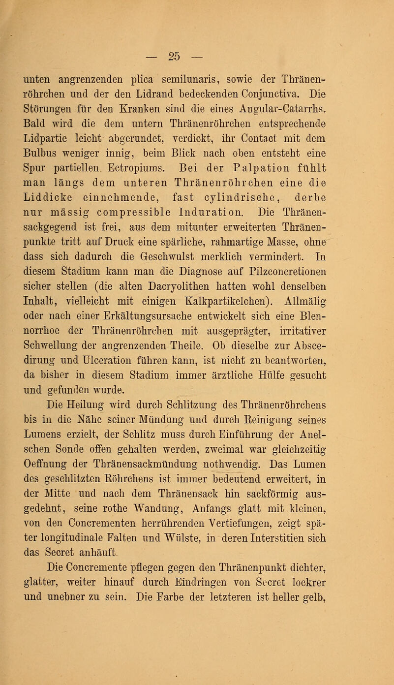 unten angrenzenden plica sernilunaris, sowie der Thränen- röhrchen und der den Lidrand bedeckenden Conjunctiva. Die Störungen für den Kranken sind die eines Angular-Catarrhs. Bald wird die dem untern Thränenröhrchen entsprechende Lidpartie leicht abgerundet, verdickt, ihr Contact mit dem Bulbus weniger innig, beim Blick nach oben entsteht eine Spur partiellen Ectropiums. Bei der Palpation fühlt man längs dem unteren Thränenröhrchen eine die Liddicke einnehmende, fast cylindrische, derbe nur massig compressible Induration. Die Thränen- sackgegend ist frei, aus dem mitunter erweiterten Thränen- punkte tritt auf Druck eine spärliche, rahmartige Masse, ohne dass sich dadurch die Geschwulst merklich vermindert. In diesem Stadium kann man die Diagnose auf Pilzconcretionen sicher stellen (die alten Dacryolithen hatten wohl denselben Inhalt, vielleicht mit einigen Kalkpartikelchen). Allmälig oder nach einer Erkältungsursache entwickelt sich eine Blen- norrhoe der Thränenröhrchen mit ausgeprägter, irritativer Schwellung der angrenzenden Theile. Ob dieselbe zur Absee- dirung und Ulceration führen kann, ist nicht zu beantworten, da bisher in diesem Stadium immer ärztliche Hülfe gesucht und gefunden wurde. Die Heilung wird durch Schlitzung des Thränenröhrchens bis in die Nähe seiner Mündung und durch Keinigung seines Lumens erzielt, der Schlitz muss durch Einführung der Anel- schen Sonde offen gehalten werden, zweimal war gleichzeitig Oeffnung der Thränensackmündung nothwendig. Das Lumen des geschlitzten Köhrchens ist immer bedeutend erweitert, in der Mitte und nach dem Thränensack hin sackförmig aus- gedehnt, seine rothe Wandung, Anfangs glatt mit kleinen, von den Concrementen herrührenden Vertiefungen, zeigt spä- ter longitudinale Falten und Wülste, in deren Interstitien sich das Secret anhäuft. Die Concremente pflegen gegen den Thränenpunkt dichter, glatter, weiter hinauf durch Eindringen von Secret lockrer und unebner zu sein. Die Earbe der letzteren ist heller gelb,