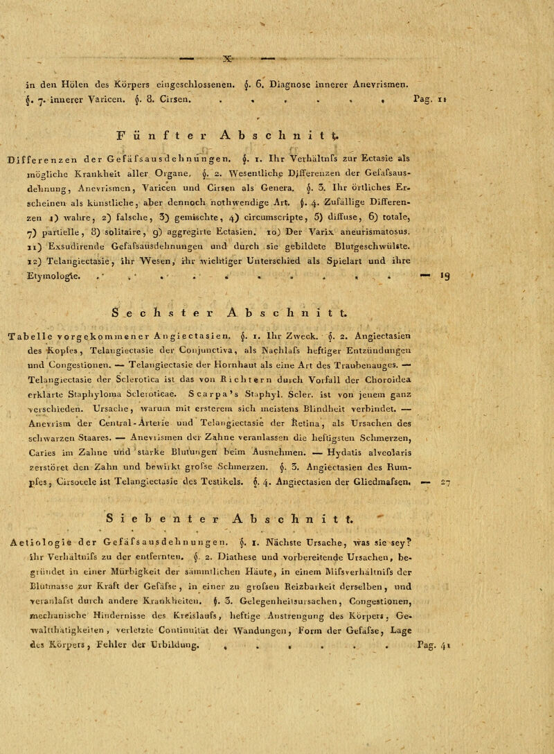 §. 7. innerer Varicen. §. 8. Cirsen. .,,.*, Tag. 11 Fünfter Abschnitt- Differenzen der Gefafsausdehnungen. §. r. Ihr Verhältnfs zur Ectasie als mögliche Krankheit aller Organe, §. 2. Wesentliche Differenzen der Gefafsaus- dehnung, Anevrismen, Varicen und Cirsen als Genera. §. 3. Ihr örtliches Er» scheinen als künstliche, aber dennoch nothwendige Art. $. 4. Zufällige Differen- zen j) wahre, 2) falsche, 3) gemischte, 4) circumscripta, 5) diffuse, 6) totale, 7) partielle, 8) solitaire, g) aggregirte Ectasien. 10) Der Varix. aneurismatosus. 11) Exsudirende Gefafsausdehnungen und durch sie gebildete Blutgeschwülste. 12) Telangiectasie, ihr Wesen, ihr -wichtiger Unterschied als Spielart und ihre Etymologie. .' . • .- : « « . . « .  '9 Sechster Abschnitt» Tabelle vorgekommener An giectasien. §. 1. Ihr Zweck. §. 2. Angiectasien des Kopfes, Telangiectasie der Conjunctiva, als Nachlafs heftiger Entzündungen und Congestionen. — Telangiectasie der Hornhaut als eine Art des Traubenauges. — Telangiectasie der Sclerotica ist das von Richtern durch Vorfall der Choroidea erklärte Staphyloma Scleiotieae. Scarpa's Staphyl. Scler. ist von jenem ganz verschieden. Ursache, warum mit ersterem sich meistens Blindheit verbindet. — Anevrism der Central-Arterie und Telangiectasie der Retina, als Ursachen des schwarzen Staares. — Aneviismen d<er Zahne veranlassen die heiligsten Schmerzen, Caries im Zahne und starke Blutungen' beim Ausnehmen. — Hydatis alveolaris zerstöret den Zahn und bewirkt grofse Schmerzen. §. 3. Angiectasien des Rum- pfes , Ciisocele ist Telangiectasie des Testikels. 6. 4» Angiectasien der Gliedmafsent — 27 Siebenter Abschnitt. Aetiologie der Gefafsausdehnungen. §. 1. Nächste Ursache, was sie sey? ihr Verhältnifs zu der entfernten. §. 2. Diathese und vorbereitende Ursachen, be- gründet in einer Mürbigkeit der säinmilichen Häute, in einem Mifsverhältnifs der Blutmasse zur Kraft der Gefäfse , in einer zu grofsen Reizbarkeit derselben, und veranlafst durch andere Krankheiten. {. 3. Gelegenheitsursachen, Congestionen, mechanische Hindernisse des Kreislaufs, heftige Anstrengung des Körpers, Ge- walttätigkeiten, verletzte Continuität der Wandungen, Form der Gefäfse, Lage des Körpers , Fehler der Urbildung. ,»»... Pag. 41