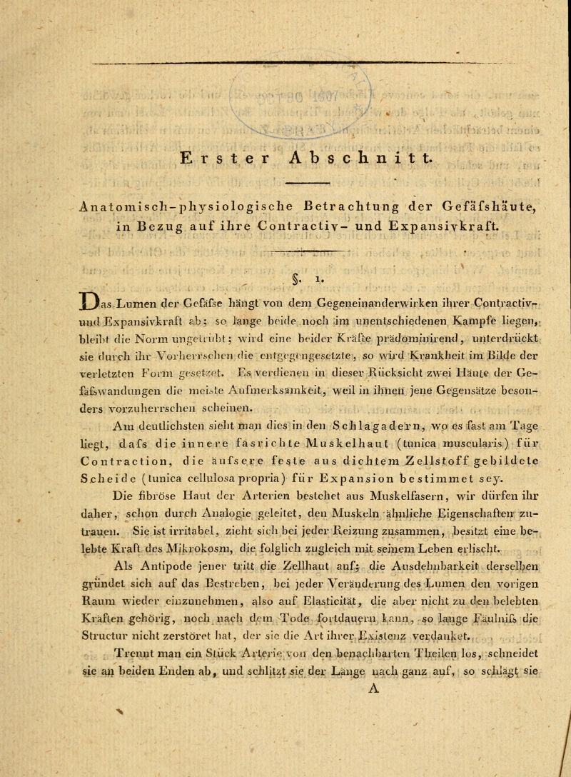 Anatomisch-physiologische Betrachtung der Gefäfshäute, in Bezug auf ihre Contractiv- und Expansivkraft. j_Jfis Lumen der Gefäfse hängt von dem Gegeneinanderwirken ihrer Contractiv- und Expansivkraft sb; so lange beide noch ;im unentschiedenen Kampfe liegen,; bleibt die Norm ungetrübt; wird eine beider Kräfte prädominirend, unterdrückt sie durch ihr Vorherrschen die entgegengesetzte, so wird Krankheit im Bilde der verletzten Form gesetzet. Es verdienen in dieser Rücksicht zwei Häute der Ge- fäfswandungen die meiste Aufmerksamkeit, weil in ihnen jene Gegensätze beson- ders vorzuherrschen scheinen. , Am deutlichsten sieht man dies in den Schlagadern, wo es fast am Tage liegt, dafs die innere fasrichte Muskelhaul (tunica muscularis) für Contraction, die äufsere feste aus dichtem Zellstoff gebildete Seheide (tunica cellulosa propria) für Expansion bestimmet sey. Die fibröse Haut der Arterien bestehet aus Muskelfasern, wir dürfen ihr daher, schon durch Analogie geleitet, dea Muskeln ähnliche Eigenschaften zu- trauen. Sie ist irritabel, zieht sich bei jeder Reizung zusammen, besitzt eine be- lebte Kraft des Mikrokosm, die folglich zugleich mit seinem Leben erlischt. Als Antipode jener tritt die Zellhaut aufj die Ausdehnbarkeit derselben gründet sich auf das Restreben, bei jeder Veränderung des Lumen den vorigen Raum wieder einzunehmen, also auf Elasticität, die aber nicht zu den belebten Kräften gehörig, noch nach-dem -Tode fortdauern kann, so lange Fäulnifs die Structur nicht zerstöret hat, der sie die Art ihrer Existenz verdanket. Trennt man ein Stück Arterie, von den benachbarten Theilcn los, schneidet sie an beiden Enden ab, und schlitzt sie der Länge nach ganz auf, so schlägt sie A