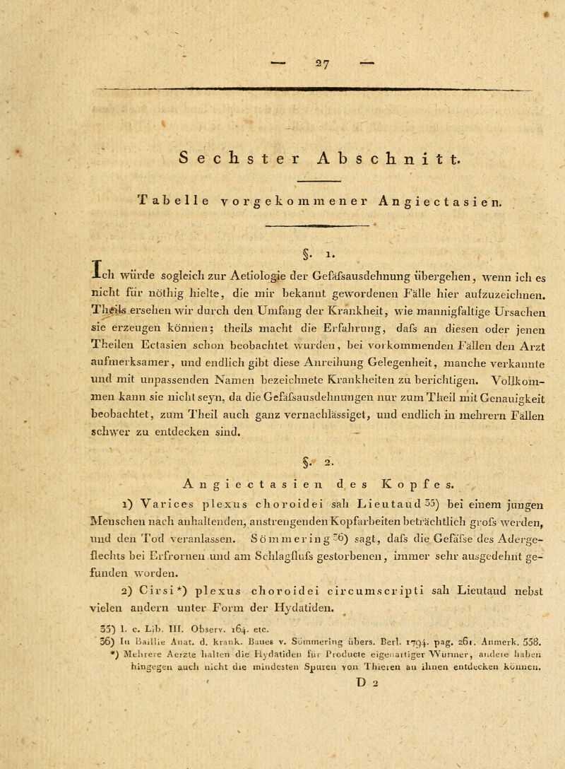 Sechster Abschnitt. Tabelle vorgekommener Angiectasien. I §. i. cli würde sogleich zur Aetiologie der Gefäfsausdehnung übergehen, wenn ich es nicht für nöthig hielte, die mir bekannt gewordenen Fälle hier aufzuzeichnen. TheiLs ersehen wir durch den Umfang der Krankheit, wie mannigfaltige Ursachen sie erzeugen können; theils macht die Erfahrung, dafs an diesen oder jenen Theilen Ectasien schon beobachtet wurden, bei vorkommenden Fällen den Arzt aufmerksamer, und endlich gibt diese Anreihung Gelegenheit, manche verkannte und mit unpassenden Namen bezeichnete Krankheiten zu berichtigen. Vollkom- men kann sie nicht seyn, da die Gefäfsausdeimungen nur zumTkeil mit Genauigkeit beobachtet, zum Theil auch ganz vernachlässiget, und endlich in mehrern Fällen schwer zu entdecken sind. Angiectasien des Kopfes. i) Varices plexus choroidei sah Lieutaud35) bei einem jungen Menschennach anhaltenden, anstrengen den Kopfarbeiten beträchtlich grofs werden, und den Tod veranlassen. Sömmering~6) sagt, dafs die Gefä'fse des Aderge- flechts bei Erfrornen und am Schlagilufs gestorbenen, immer sehr ausgedehnt ge- funden worden. 2) Cirsi*) plexus choroidei circumscripti sah Lieutaud nebst vielen andern unter Form der Hydatiden. 55) 1. c. Llb. III. Observ. 164. etc. 36) In Bajllie Anat. d. krank. Baues v. Sümmering übers. Berl. I7Q4- Pag. 261. Anmerk. 558. *) Mehrere Aerzle halten d5e Hydatiden für Producte eigenartiger Würmer, andeie haben hingegen auch nicht die mindesten Spuren yon Thieren an ihnen entdecken können.