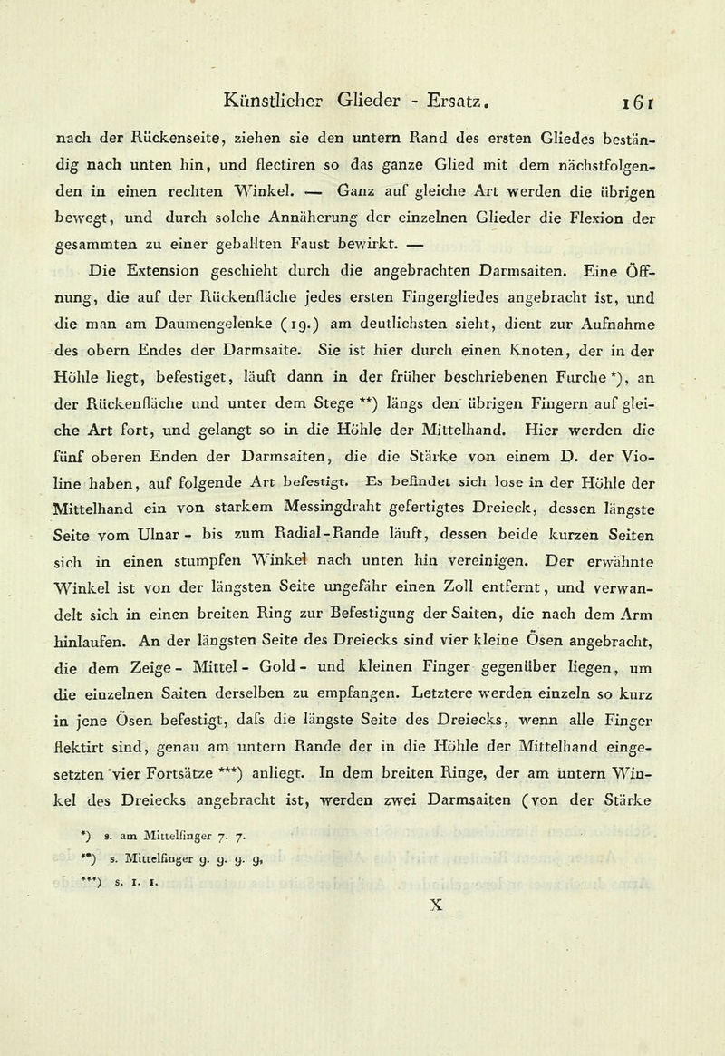 nach der Rückenseite, ziehen sie den untern Rand des ersten Gliedes bestän- dig nach unten hin, und ilectiren so das ganze Glied mit dem nächstfolgen- den in einen rechten Winkel. — Ganz auf gleiche Art werden die übrigen bewegt, und durch solche Annäherung der einzelnen Glieder die Flexion der gesammten zu einer geballten Faust bewirkt. — Die Extension geschieht durch die angebrachten Darmsaiten. Eine Öff- nung, die auf der Rückenfläche jedes ersten Fingergliedes angebracht ist, und die man am Daumengelenke (ig.) am deutlichsten sieht, dient zur Aufnahme des obern Endes der Darmsaite. Sie ist hier durch einen Knoten, der in der Hohle Hegt, befestiget, läuft dann in der früher beschriebenen Furche*), an der Rückenfläche und unter dem Stege **) längs den übrigen Fingern auf glei- che Art fort, und gelangt so in die Höhle der Mittelhand. Hier werden die fünf oberen Enden der Darmsaiten, die die Stärke von einem D. der Vio- line haben, auf folgende Art befestigt. Es befindet sich lose in der Höhle der Mittelhand ein von starkem Messingdraht gefertigtes Dreieck, dessen längste Seite vom Ulnar- bis zum Radial-Rande läuft, dessen beide kurzen Seiten sich in einen stumpfen Winkel nach unten hin vereinigen. Der erwähnte Winkel ist von der längsten Seite ungefähr einen Zoll entfernt, und verwan- delt sich in einen breiten Ring zur Befestigung der Saiten, die nach dem Arm hinlaufen. An der längsten Seite des Dreiecks sind vier kleine Ösen angebracht, die dem Zeige- Mittel- Gold- und kleinen Finger gegenüber liegen, um die einzelnen Saiten derselben zu empfangen. Letztere werden einzeln so kurz in jene Ösen befestigt, dafs die längste Seite des Dreiecks, wenn alle Finger flektirt sind, genau am untern Rande der in die Höhle der Mittelhand einge- setzten 'vier Fortsätze ***) anliegt. In dem breiten Ringe, der am untern Win- kel des Dreiecks angebracht ist, werden zwei Darmsaiten (von der Stärke *) 9. am Mittelfinger 7. 7. *•) s. Mittelfinger g. g. g. g, **¥) s. 1. 1. X