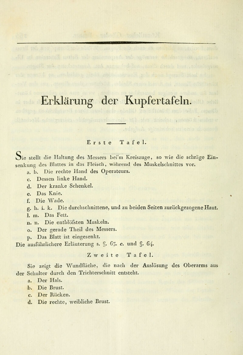Erklärung der Kupfertafeln. Erste Tafel. S ie stellt die Haltung des Messers bei'm Kreiszuge, so wie die schräge Ein- senkung des Blattes in das Fleisch, während des Muskelsclmittes vor. a. b. Die rechte Hand des Operateurs. c. Dessen linke Hand. d. Der kranke Schenkel. e. Das Knie. f. Die Wade. g. h. i. k. Die durchschnittene, und zu beiden Seiten zurückgezogene Haut. 1. m. Das Fett. n. n. Die entblofsten Muskeln, o. Der gerade Theil des Messers, p. Das Blatt ist eingesenkt. Die ausführlichere Erläuterung s. §. 63. c. und §. 64. Zweite Tafel. Sie zeigt die Wundfläche, die nach der Auslösung des Oberarms aus der Schulter durch den Trichterschnitt entsteht. a. Der Hals. b. Die Brust. c. Der Rücken. d. Die rechte, weibliche Brust.