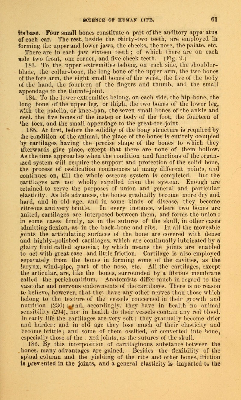 its base. Four small bones constitute a part of the auditory appaiatus of each ear. The rest, beside the thirty-two teeth, are employed in forming the upper and lower jaws, the cheeks, the nose, the palate, etc. There are in each jaw sixteen teeth ; of which there are on each aide two front, one corner, and five cheek teeth. (Fig. 9.) 183. To the upper extremities belong, on each side, the shoulder- blade, the collar-bone, the long bone of the upper arm, the two bones of the fore arm, the eight small bones of the wrist, the five of the body of the hand, the fourteen of the fingers and thumb, and the small appendage to the thumb-joint. 184. To the lower extremities belong, on each side, the hip-bone, the long bone of the upper leg, or thigh, the two bones of the lower leg, with the patella, or knee-pan, the seven small bones of the ankle and oeel, the five bones of the instep or body of the foot, the fourteen of 'he toes, and the small appendage to the great-toe-joint. 185. At first, before the solidity of the bony structure is required by ,he condition of the animal, the place of the bones is entirely occupied by cartilages having the precise shape of the bones to which they ifterwards give place, except that there are none of them hollow. As the time approaches when the condition and functions of the organ- ized system will require the support and protection of the solid bone, the process of ossification commences at many different points, and continues on, till the whole osseous system is completed. But the cartilages are not wholly expelled from the system. Enough are retained to serve the purposes of union and general and particular elasticity. As life advances, the bones gradually become more dry and hard, and in old age, and in some kinds of disease, they become vitreous and very brittle. In every instance, where two bones are anited, cartilages are interposed between them, and forms the union : in some cases firmly, as in the sutures of the skull, in other cases idmitting flexion, as in the back-bone and ribs. In all the moveable joints the articulating surfaces of the bone are covered with dense and highly-polished cartilages, which are continually lubricated by a glairy fluid called synovia; by which means the joints are enabled to act with great ease and little friction. Cartilage is also employed separately from the bones in forming some of the cavities, as the larynx, wind-pipe, part of the nose, etc. All the cartilages, except the articular, are, like the bones, surrounded by a fibrous membrane called the perichondrium. Anatomists differ much in regard to the vascalar and nervous endowments of the cartilages. There is no reason to believe, however, that the' have any other nerves than those which belong to the texture of the vessels concerned in their growth and nutrition (280) :^nd, accordingly, they have in health no animal sensibili'y (294), nor in health do their vessels contain any red blood. In early life the cartilages are very soft: they gradually become drier and harder: and in old age they lose much of their elasticity and become brittle; and some of them ossified, or converted into bone, especially those of the . xed joints, as the sutures of the skull. 186. By this interposition of cartilaginous substance between the bones, many advantages are gained. Besides the flexibility of the spinal column and the yielding of the ribs and other bones, friction is yrev anted in the joints, and a general elasticity is imparted to the
